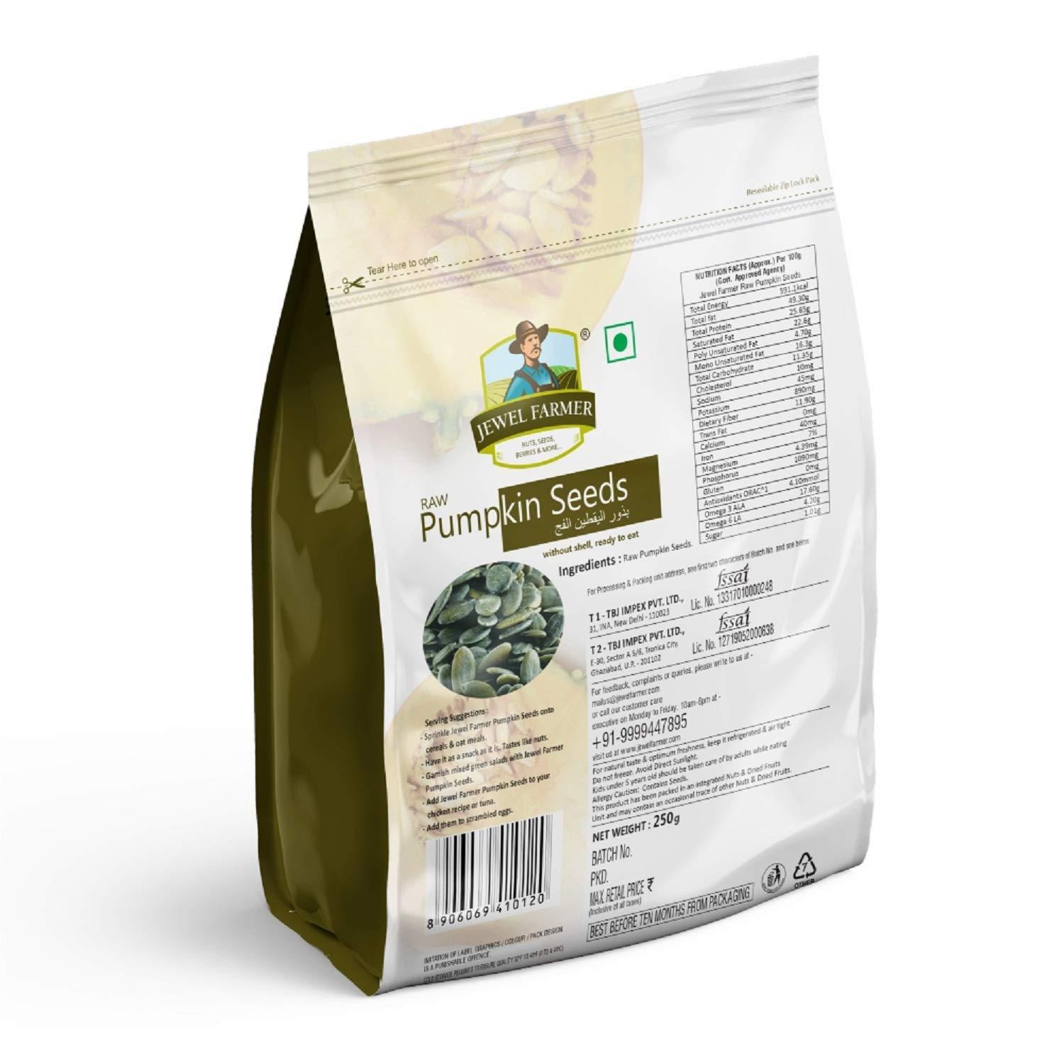 JEWEL FARMER JEWEL FARMER Raw Pumpkin Seeds with No Shell Ready to Eat Pepitas Kernels Enriched in Protein & Dietary Fibre (250g)