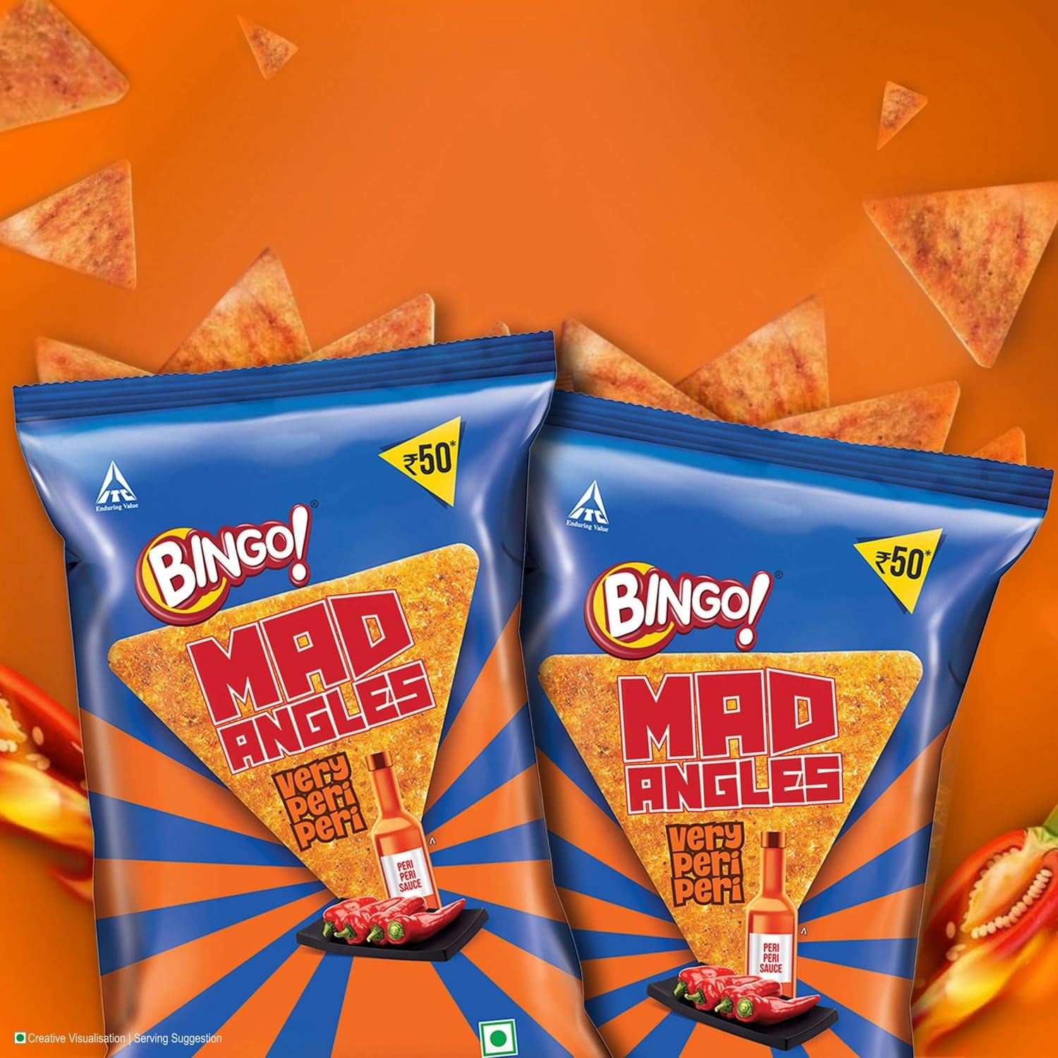 Bingo! Bingo Mad Angles Very Peri Peri - Spicy & Crunchy Corn-Based Triangle Chips Pack For Snacks 117 Gram/130 Gram