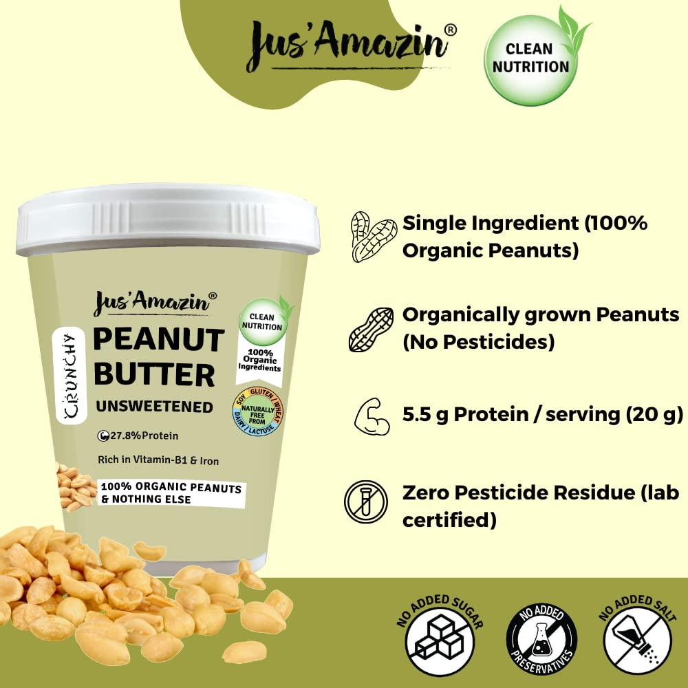 Jus' Amazin Jus\' Amazin Crunchy Peanut Butter - Unsweetened | 27.8% Protein | Single Ingredient - 100% Peanuts (no added Sugar/Salt) | Vegan | Dairy Free | Keto (Organic Peanut Butter Crunchy, 1 kg (Pack of 1))