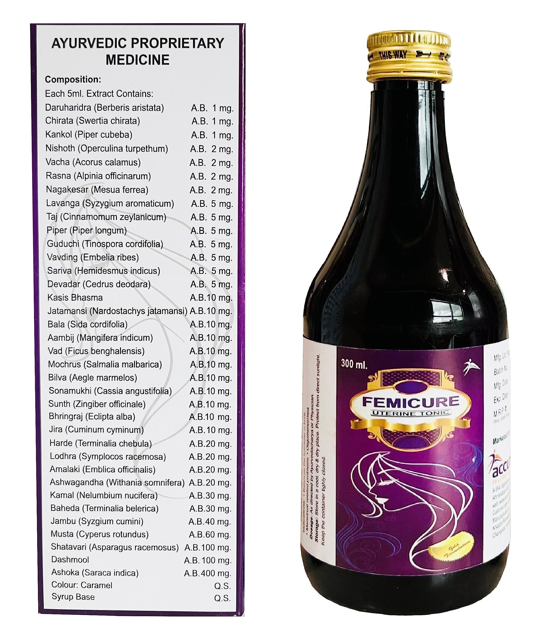 Accure Pharma Pvt Ltd Femicure | Ayurvedic Syrup for Women| General Wellness, Menstrual discomfort or delay, PCOD, PCOS, Hormonal Imbalance in women| 300 ml | Accure Pharma (BUY 2 AND GET 1 FOOT CREAM FREE WORTH Rs. 249)