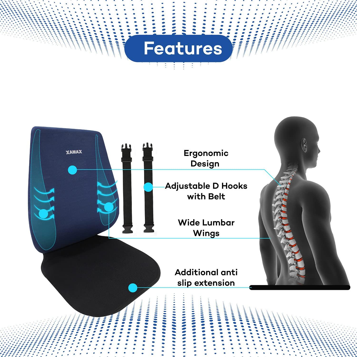 XAMAX XAMAX 2nd Generation PRO V series LUMBAR SUPPORT FULL Back Rest & ANTI SLIP EXTENSION with Advanced POLY FLEXI FOAM, Universal Size(Blue)