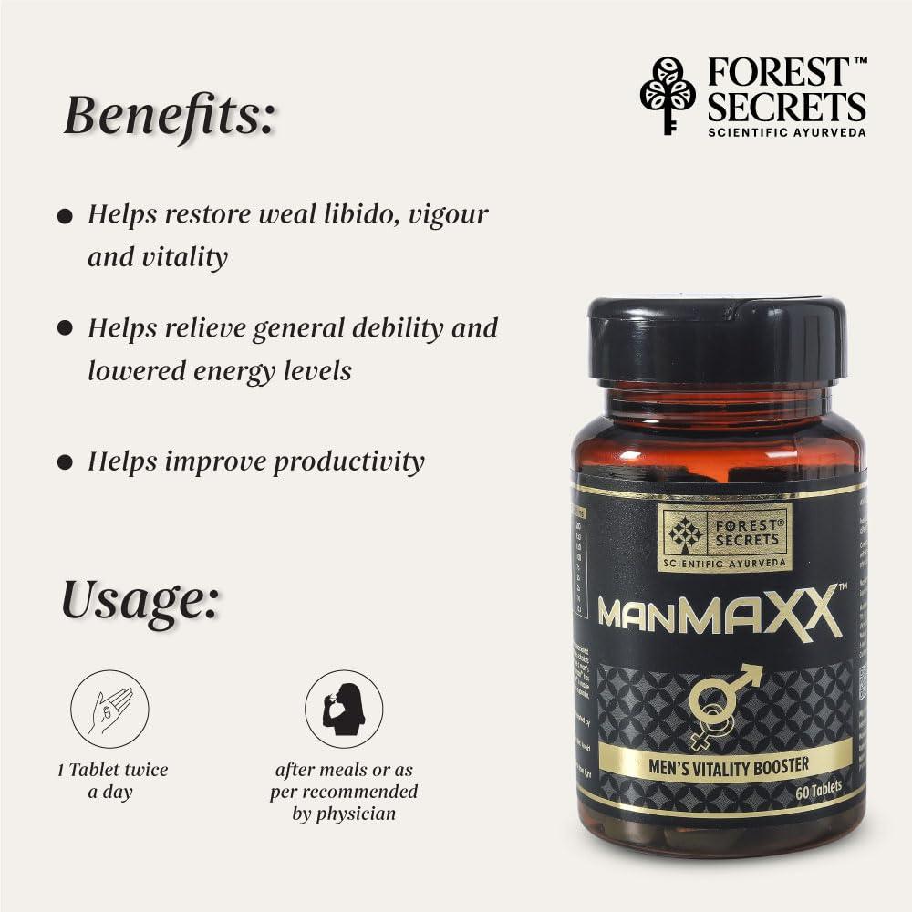 FOREST SECRETS Forest Secrets Manmaxx- Men\'s Vitality Booster, 60 tablets | For Stamina & Energy Booster For Men| Enriched Shilajit & Ashwagandha (Pack of 1)