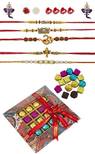 Feastive Celebrations Feastive Celebrations Bikanervala Chocolate Pralines Tray (16 Pcs) with a set of 5 Blessed Rakhis , a pair of Ganesha Soan, Pooja Rakhi, Kesar(branded) and Chawal. Complimentary Surprise gift for your