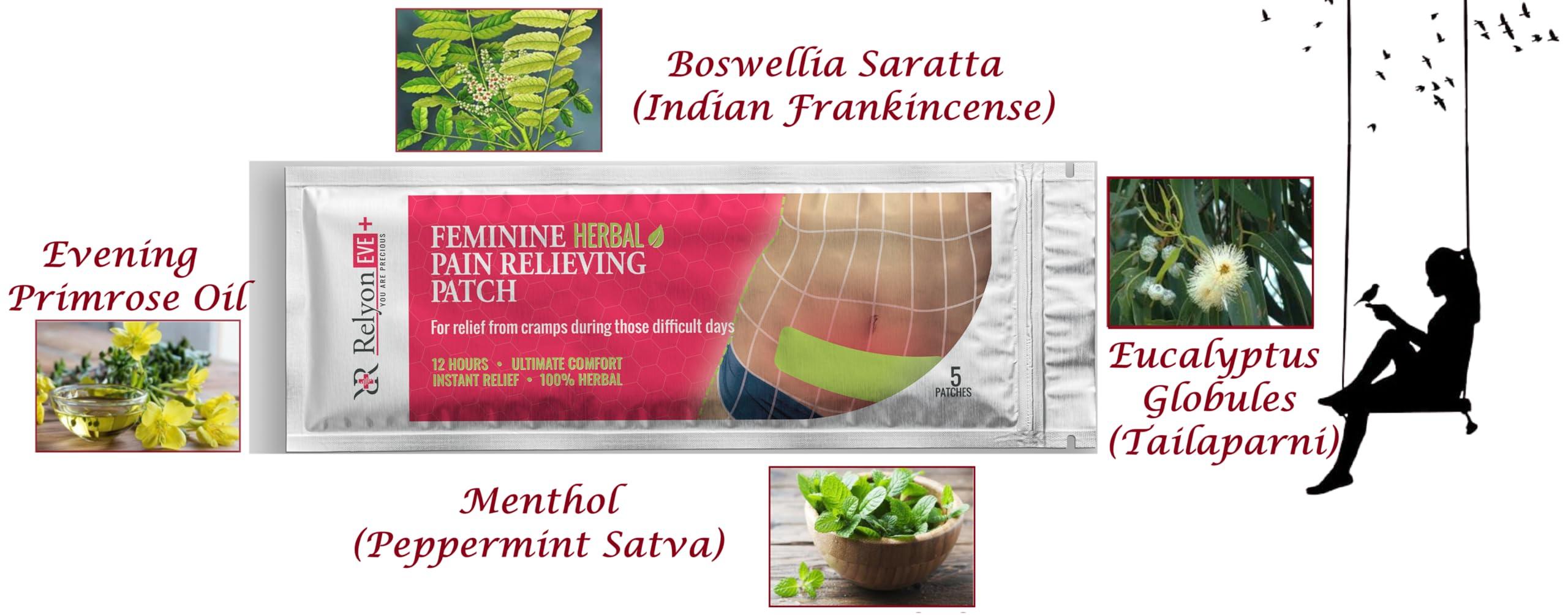 Relyon EVE RELYONEVE E Herbal Pain Relief Patches - Menstrual pain Cramps -Back pain -World first trasndermal patch with Boswella- Instant Releif Plaster & Patch (5 Patches)