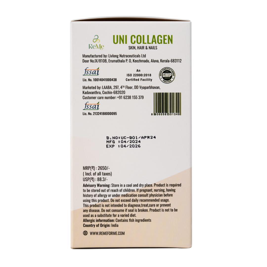 REME ReMe Uni Collagen - Pure Premium Marine Collagen Peptide With Antioxidants - Pack of 30 Stick Packs. Color:White.