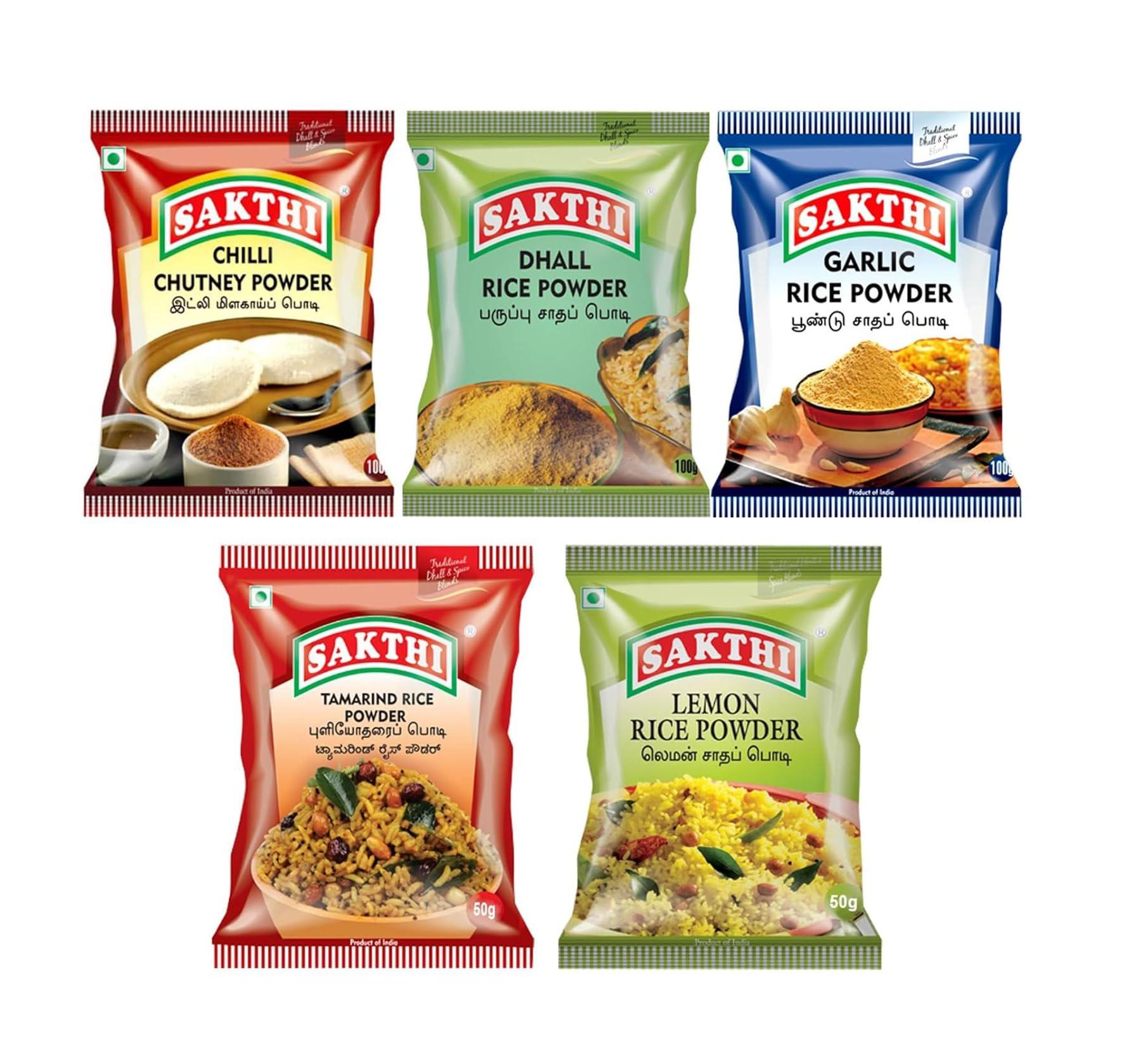 SAKTHI SAKTHI 100g Chilly Chutney Powder + 100g Dhal Rice Powder + 100g Garlic Rice Powder + 50g Lemon Rice Powder + 50g Tamarind Rice Powder | South Indian Flavoured Premium Spices Blend Rice Powder (Combo Pack)