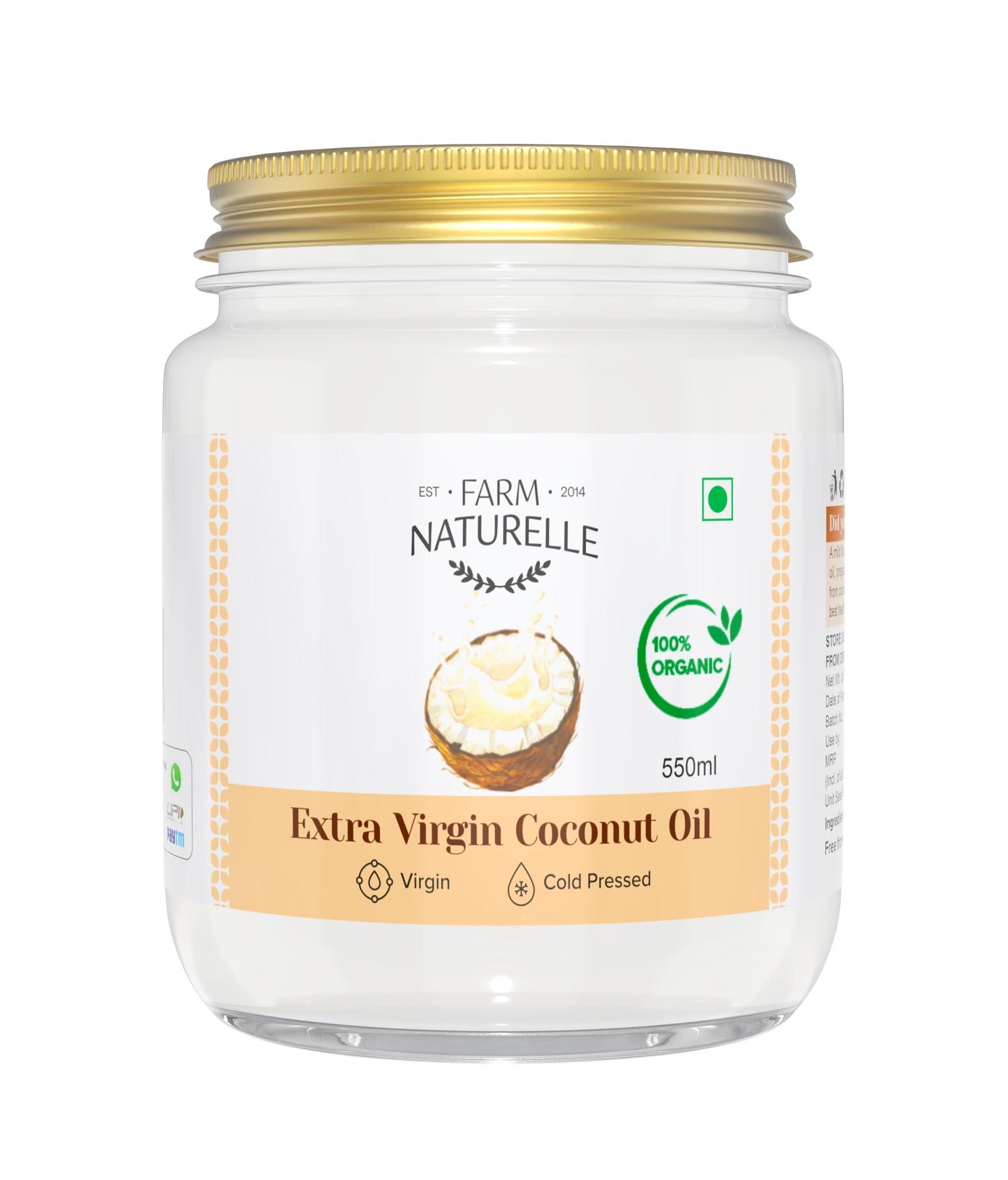 Farm Naturelle Farm Naturelle -100% Pure Organic Extra-Virgin Cold Pressed Coconut Oil 550ml | Aroma for Cooking & Healthy Skin and Hair | 100% Vegan (Glass Bottle -550ml)