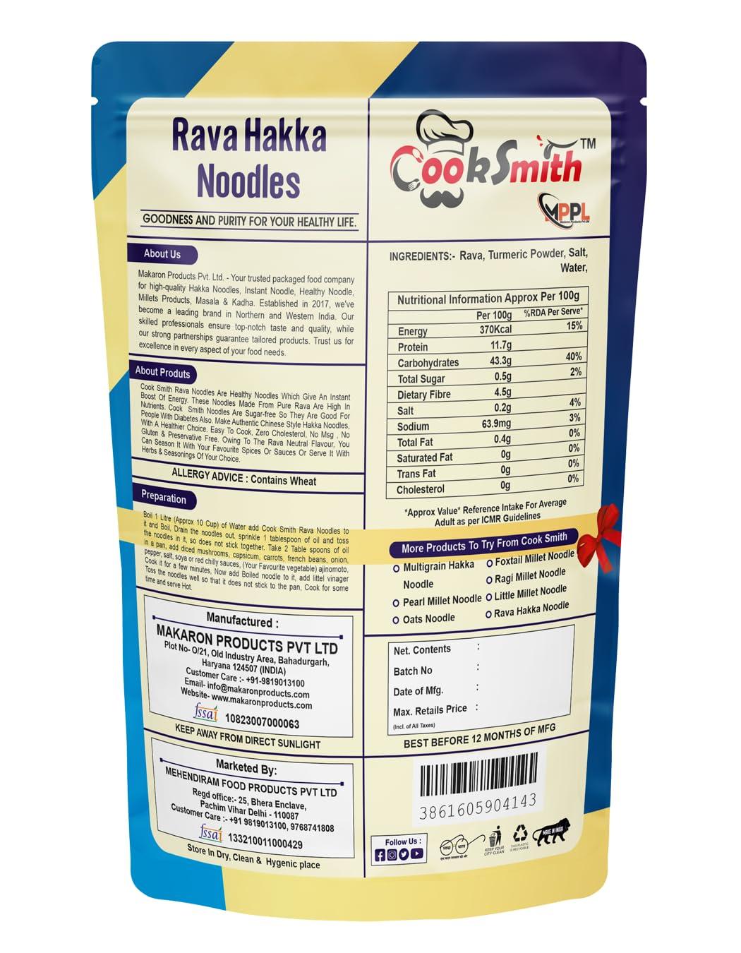 CookSmith CookSmith Healthy Semolina Penne Pasta + CookSmith Rava Hakka Noodle Combo | No Maida, No Fried, No MSG, No Preservatives | Sun Dried |Rava Pasta + Noodles |250gm+200gm (Pack of 2)