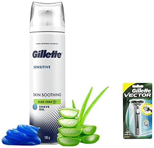 Gillette GILLETTE SENSITIVE SHAVING GEL SOOTHING WITH ALOE VERA| 195g & Gillette Vector Plus Manual Shaving Razor, 1 Pc