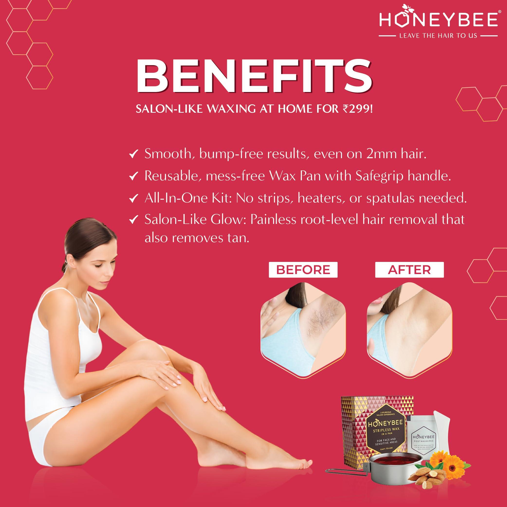 HoneyBee HoneyBee Stripless Katori Wax For Face|Pan Wax With Handle For Face, Upper Lip, Chin, Jaw, Underarms, Bikini And Brazilian|For All Skin Type|No-Strip Wax At Home|Post Wax Wipes|Spatula|120 Gm, Women