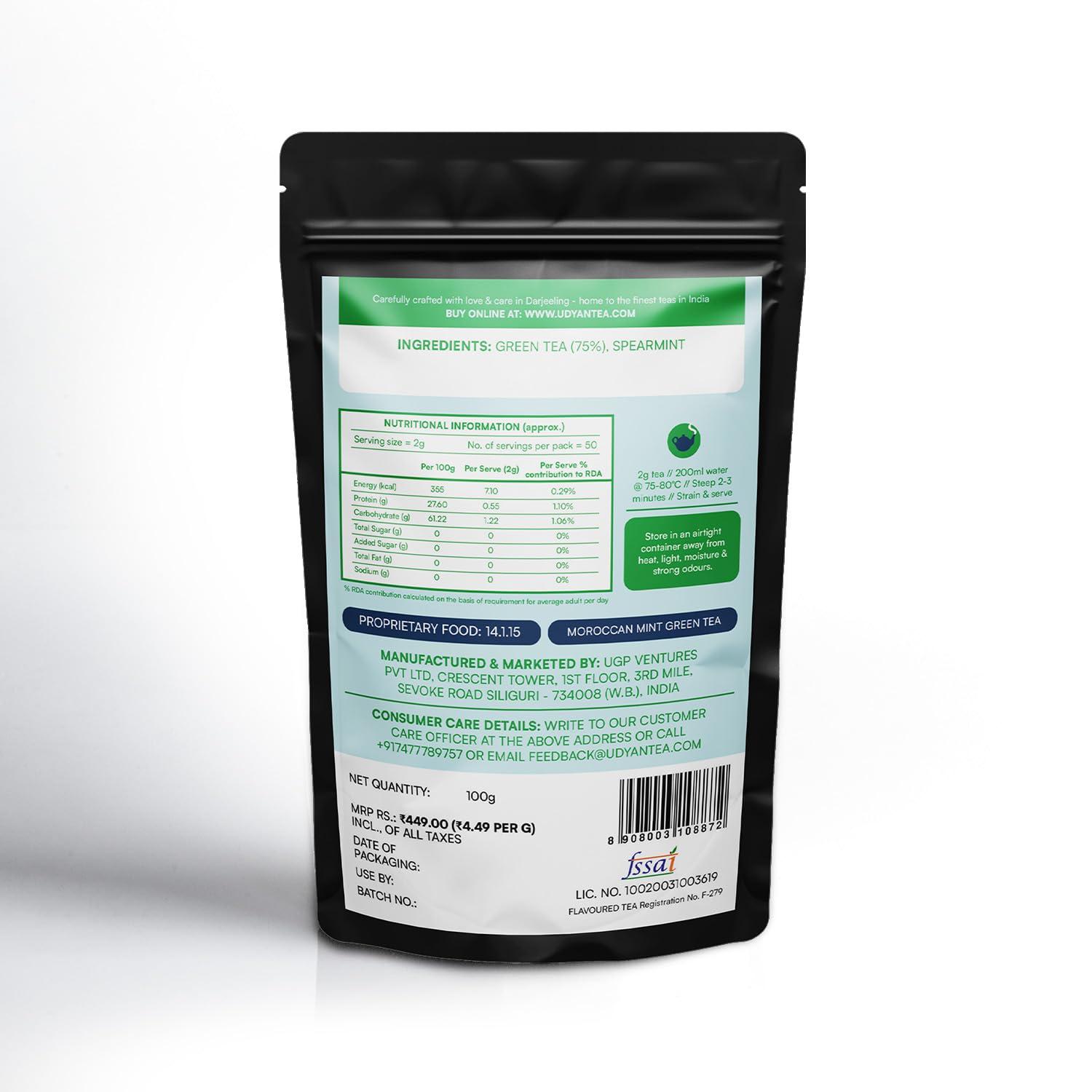 Udyan Tea Udyan Tea Moroccan Mint Green Tea, 100g (40 Cups) | Pure, Refreshing Green Tea Blend with Spearmint Leaves