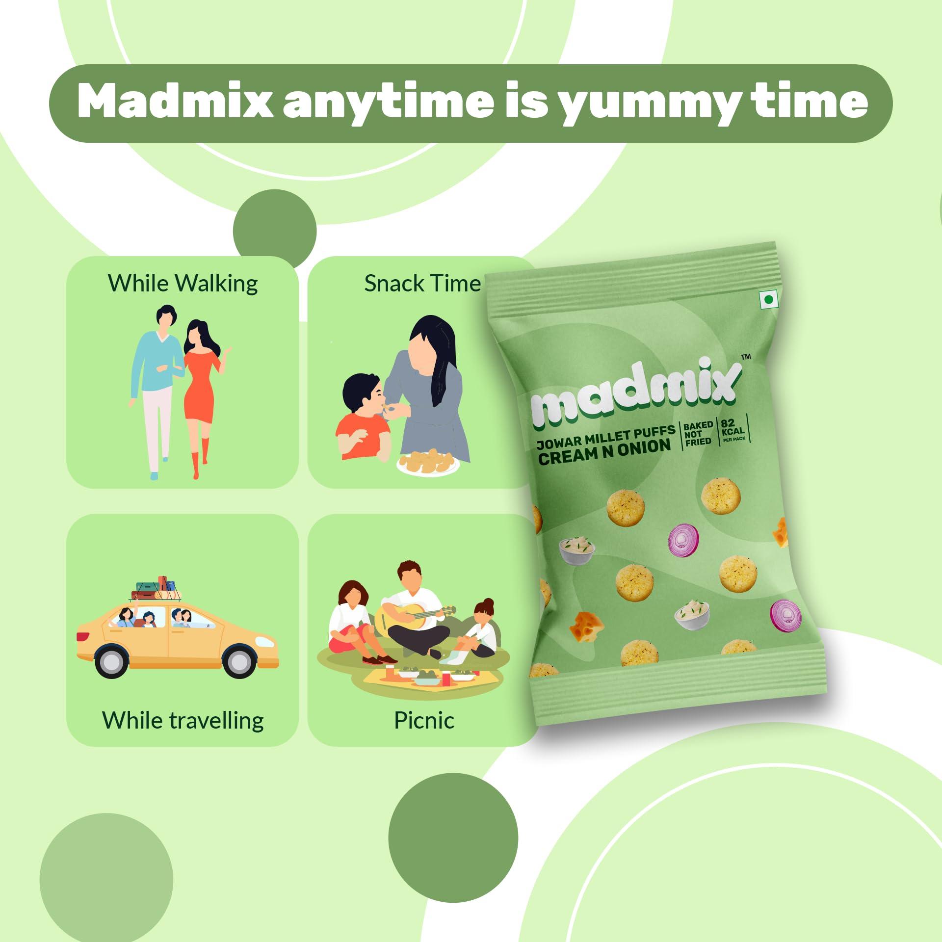 Madmix Madmix Jowar Millet Puffs - Cream & Onion | 480g Pack of 24 (20g X 24) | Gluten-Free | Crunchy Vegan Snack with a Creamy Zest | Baked, Not Fried