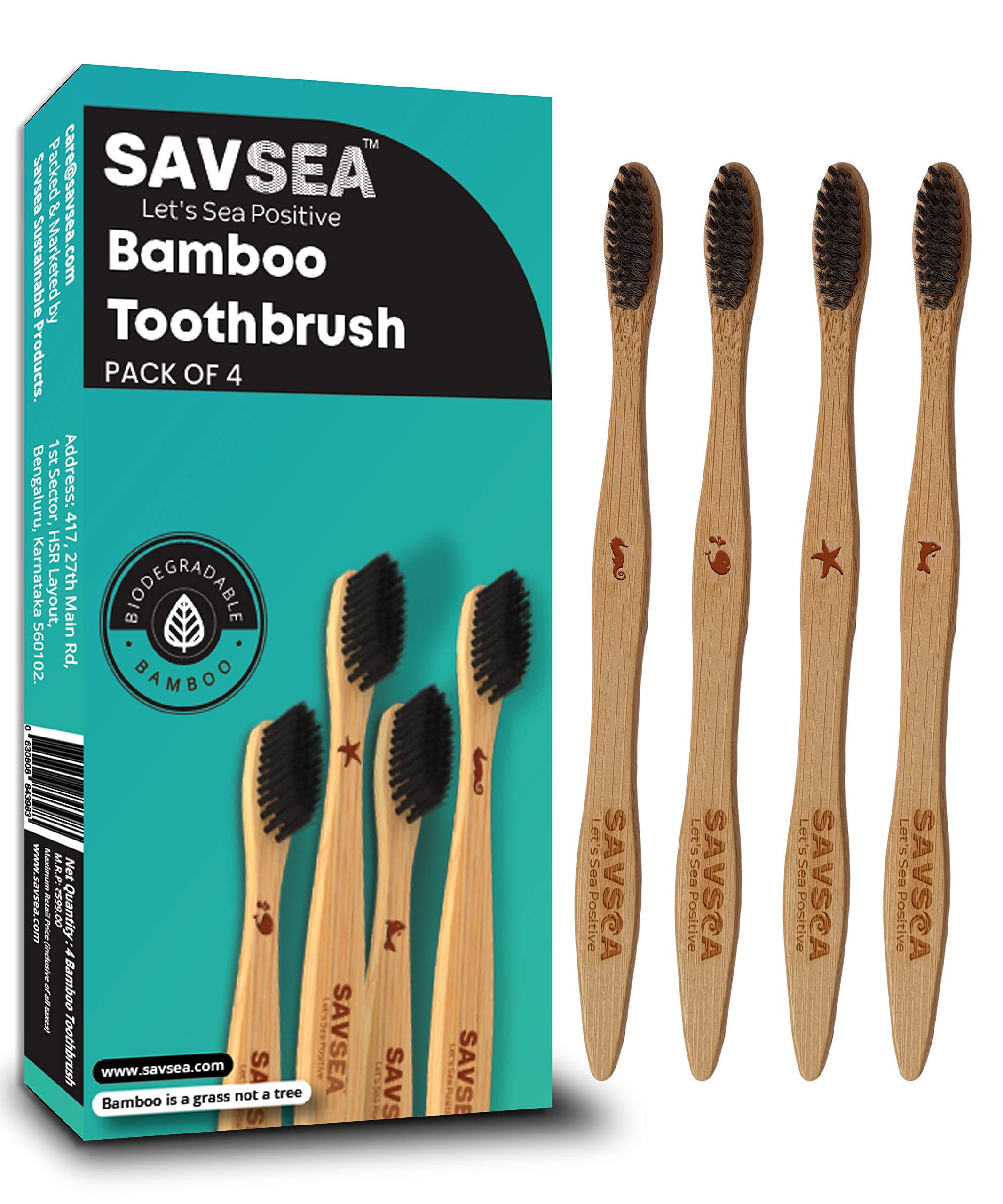 SAVSEA SavSea Bamboo toothbrush for adults | Charcoal bamboo toothbrush soft medium bristles| Pack of 4 adult toothbrush with biodegradable bamboo