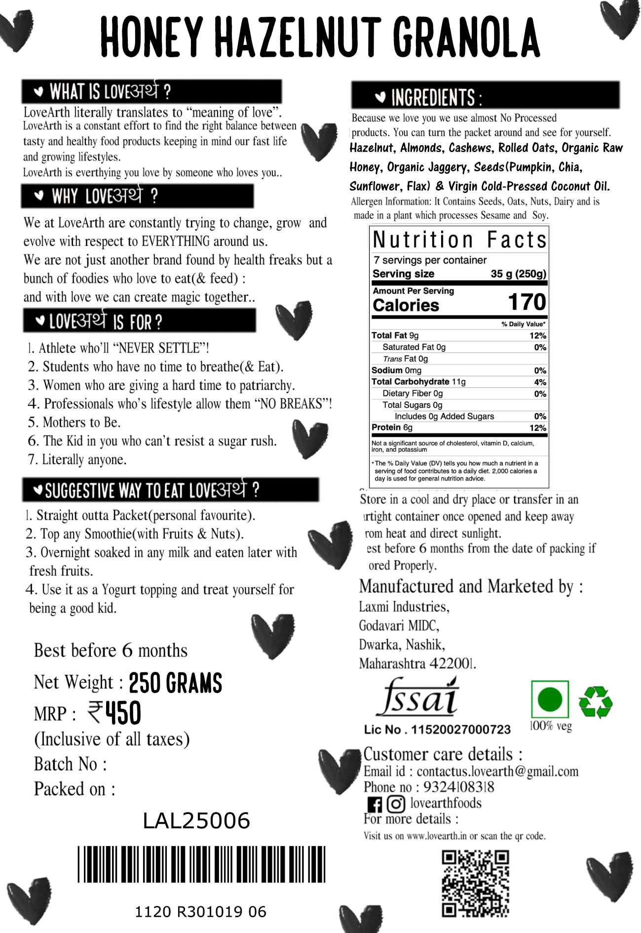 LoveArth LoveArth - Honey Hazelnut Granola (250 Grams) | No Added Sugar - Breakfast Cereal | Made with Clean Ingredients & Love