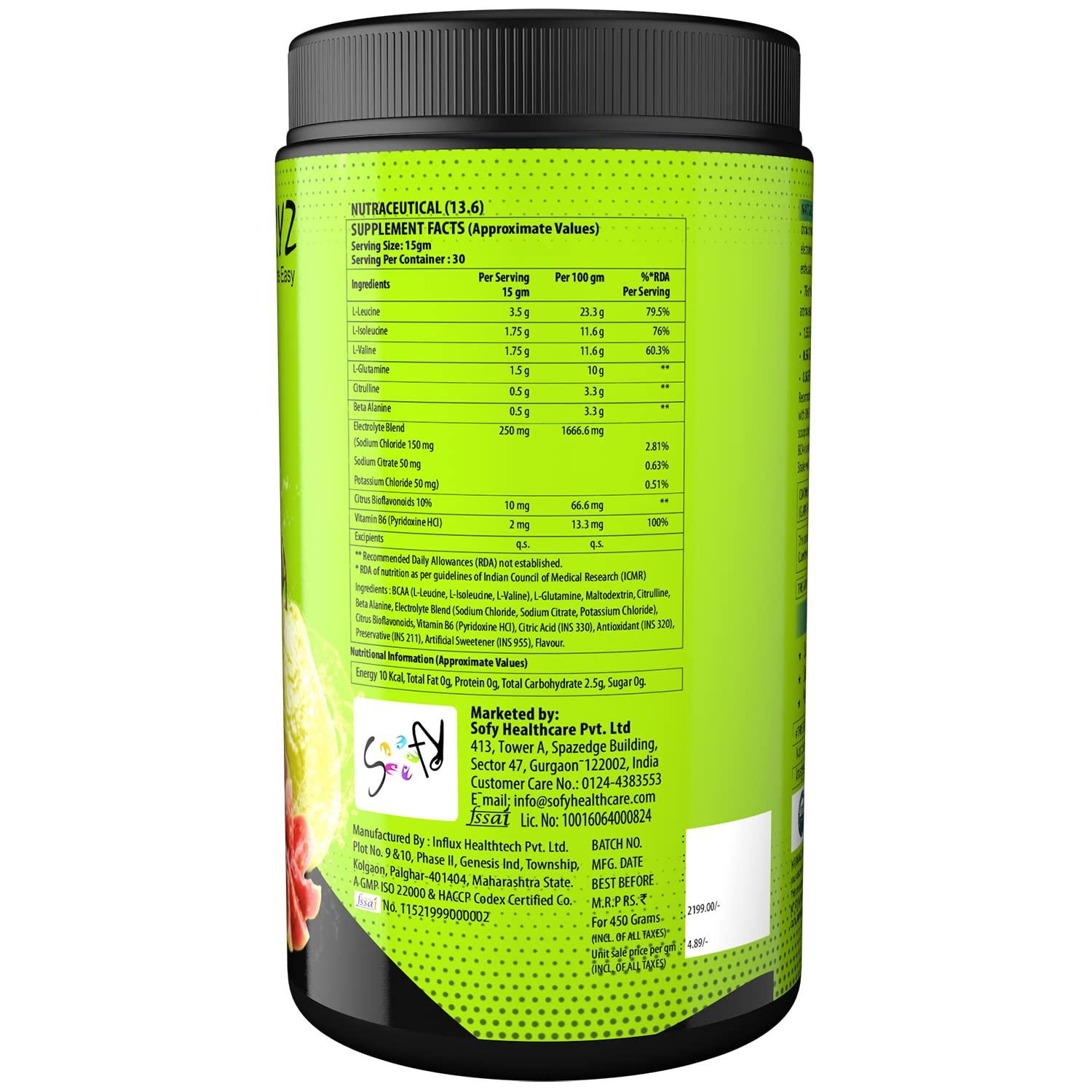 Naturyz NATURYZ BCAA Energy Blast Pre Intra Post Workout Supplement With 7000 BCAA | Glutamine | Citrulline | Beta-Alanine for Muscle Recovery | Power & Energy-450 Grams(Guava Flavor)
