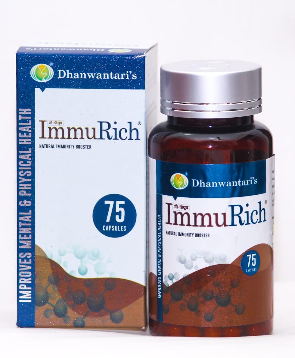 IMMURICH Dhanwantari\'s Immurich Immunity Boosters for Adults - 75 Cap | A2 Cow Colostrum | 52% IgG| Boosts Immunity | Helps Build Strength & Stamina | Builds Overall Health