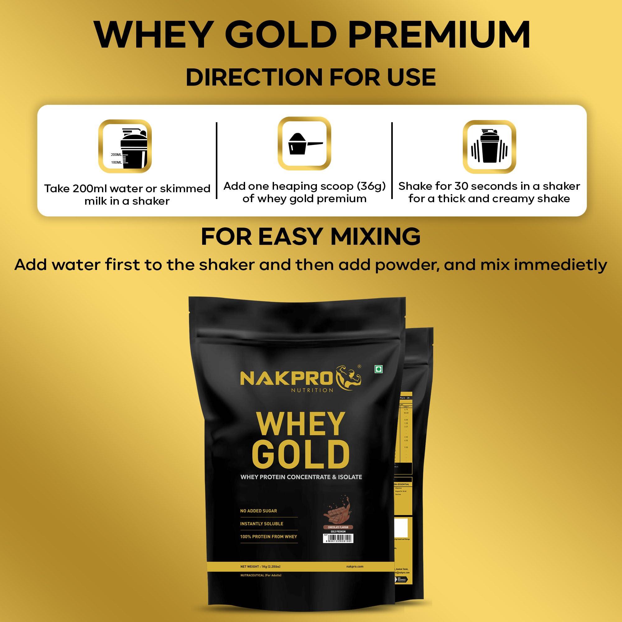 NAKPRO NAKPRO Gold Premium Whey Protein 1kg Chocolate | Isolate & Concentrate, 27g Protein, 6g BCAA | 100% Authentic Supplement Powder & No Adulteration | Fast Absorbing Whey Protein Powder