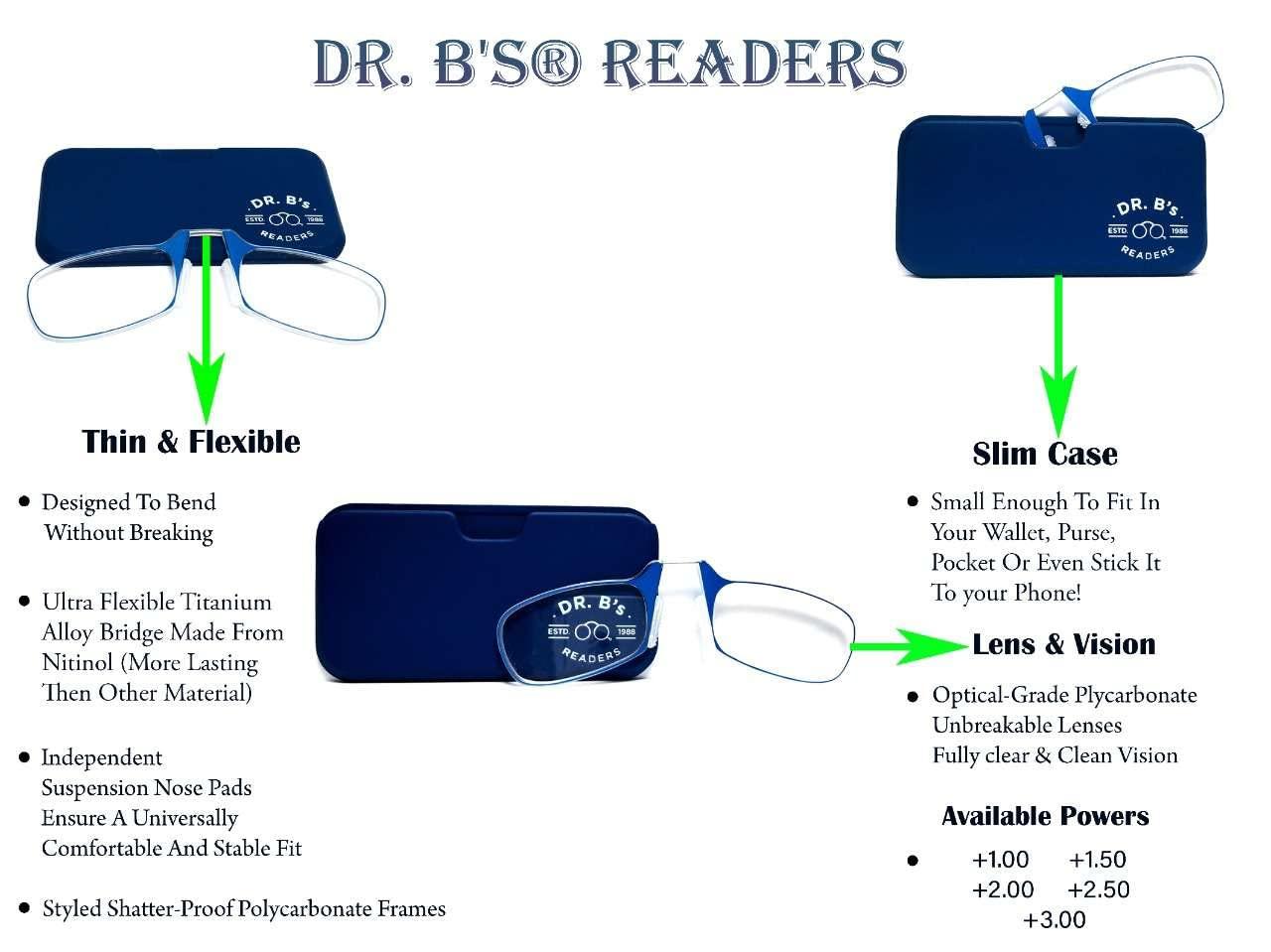 DR. B\'s Readers DR. B\'s Readers Nose Resting Reading Glasses Protection from Screen Glare | Reduce Eye Strain & Fatigue Oval Eyeglasses Lightweight Frame with Pod Case for Men & Women (Blue + 2.00)