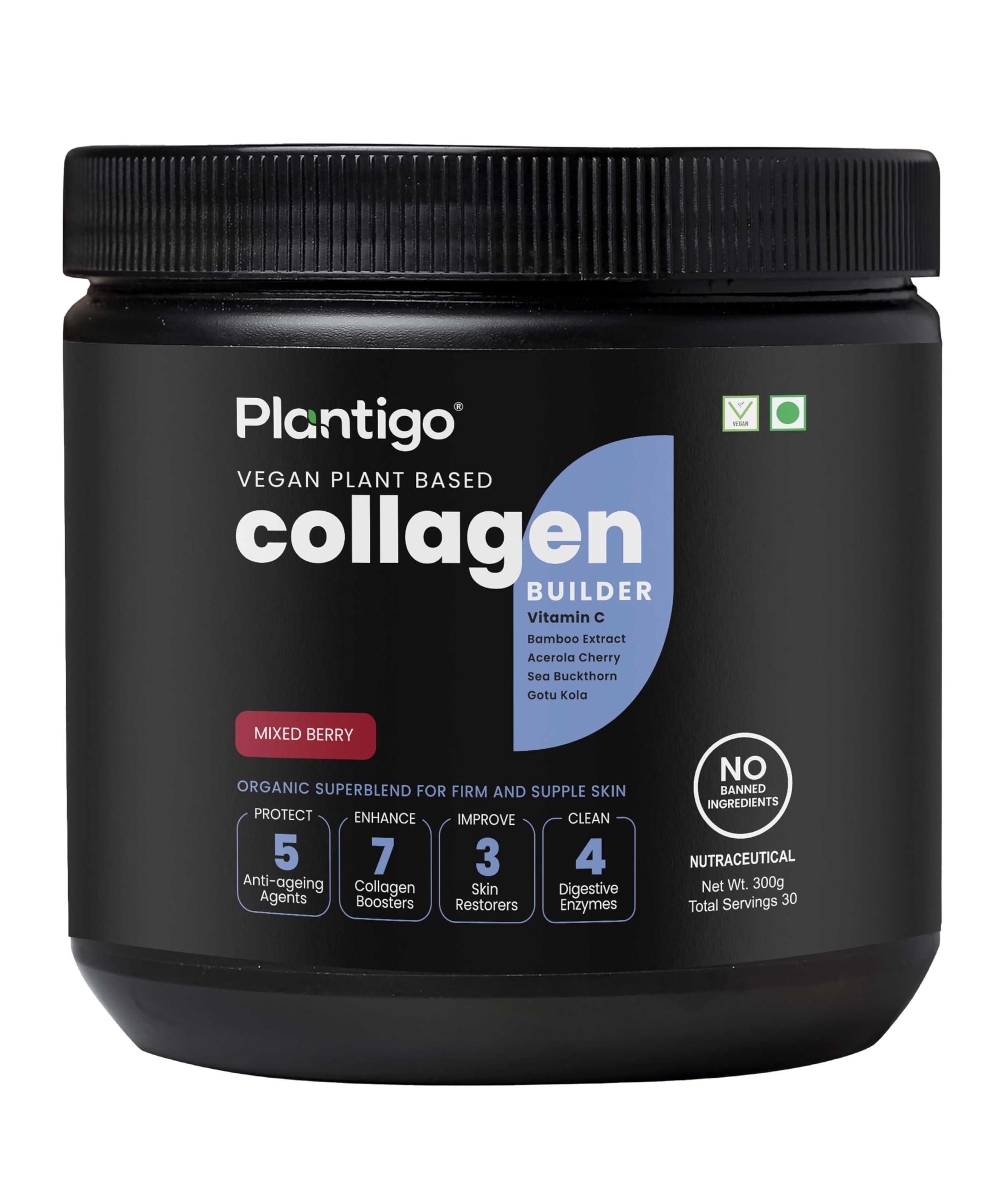 PLANTIGO Plantigo Plant Collagen Builder Powder For Skin Glow & Radiance With Biotin, Hyaluronic Acid, Vitamin A, C, E & Antioxidants - 30 Servings Collagen Booster (Mixed Berry Flavor - 300g + Shaker, 600ml)