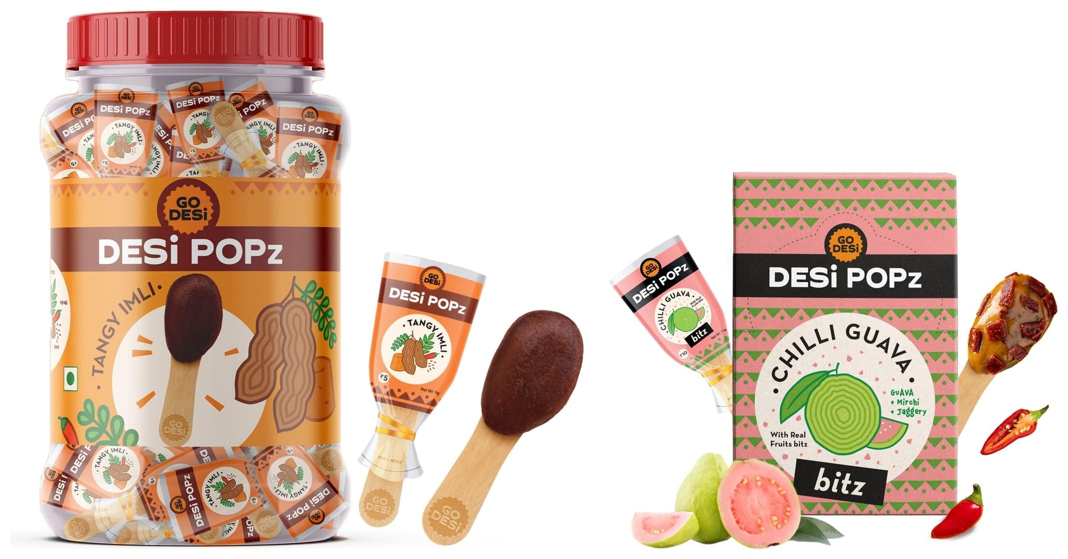 GO DESi GO DESi Imli Pop Tamarind & Jaggery Candy | 100 Pieces | Tamarind & Jaggery Candy | Imli Candy | Lollipop | Digestive Candy & GO DESi POPz with Bitz | Chilli Guava | 50 Pcs | Fruit Snacks, 400 gm