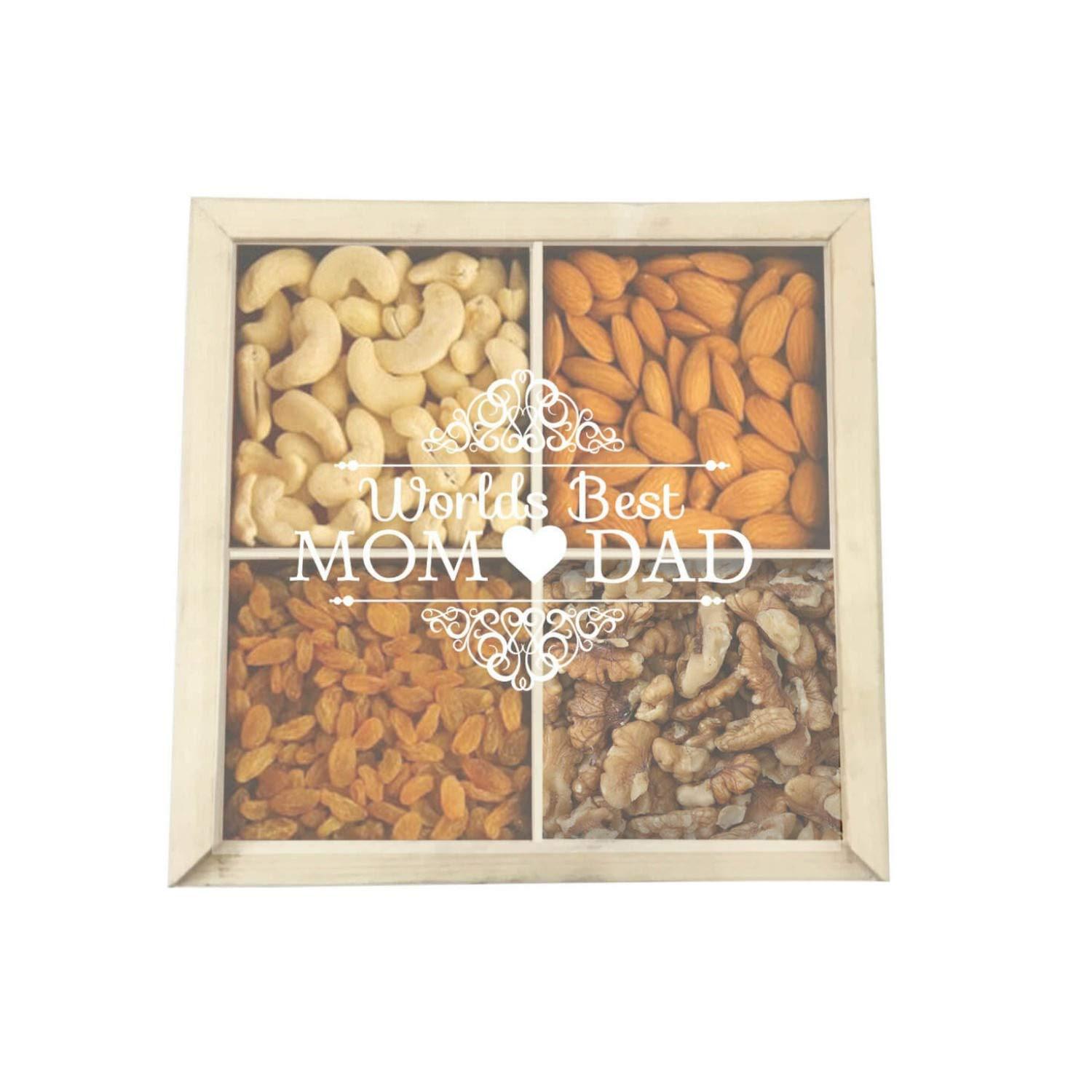 TheYaYaCafe YaYa Cafe Diwali Gifts for Mom Dad Engraved Dry Fruits Wooden Gift Box Best Parents in the World Almonds, Raisins, Kaju, Walnuts - 600 gm