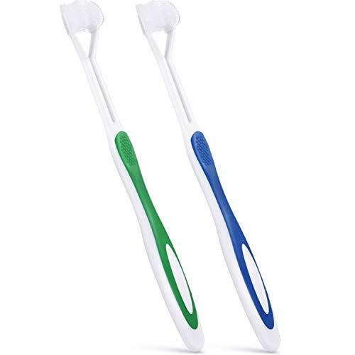 Boao 3 Sided Autism Toothbrush Three Bristle Travel Toothbrush for Complete Teeth and Gum-Care, Great Angle Bristles Clean Each Tooth, Soft/Gentle (Green, Blue, 2 Pieces)