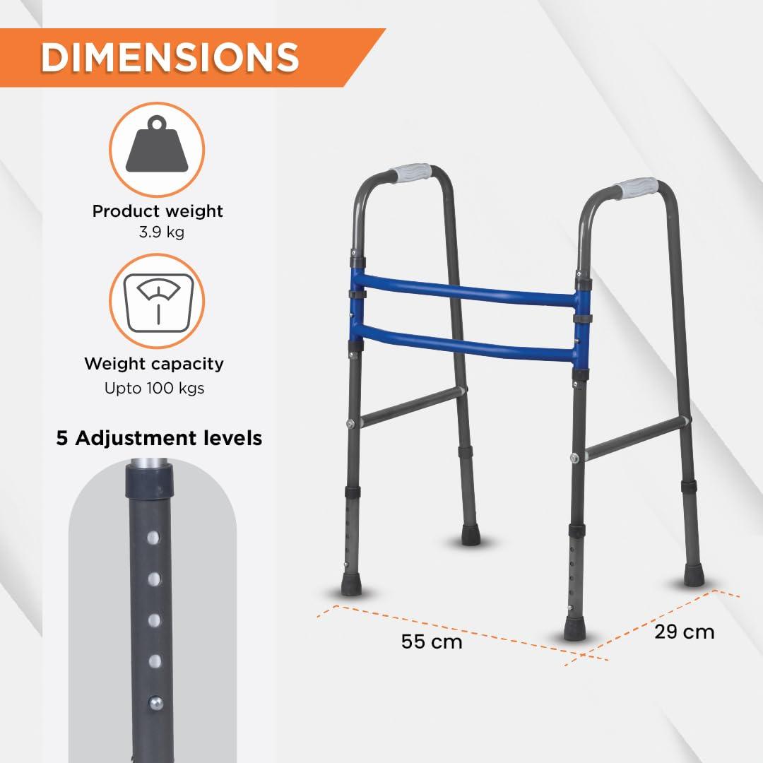 Vissco Vissco Medipedic Walker Plain With Double Bar,Walker for Elderly & Physically Challenged,Foldable, Light Weight & Height Adjustable, Made with Premium Grade Rubber Shoes & PVC Grip -Universal(Grey)