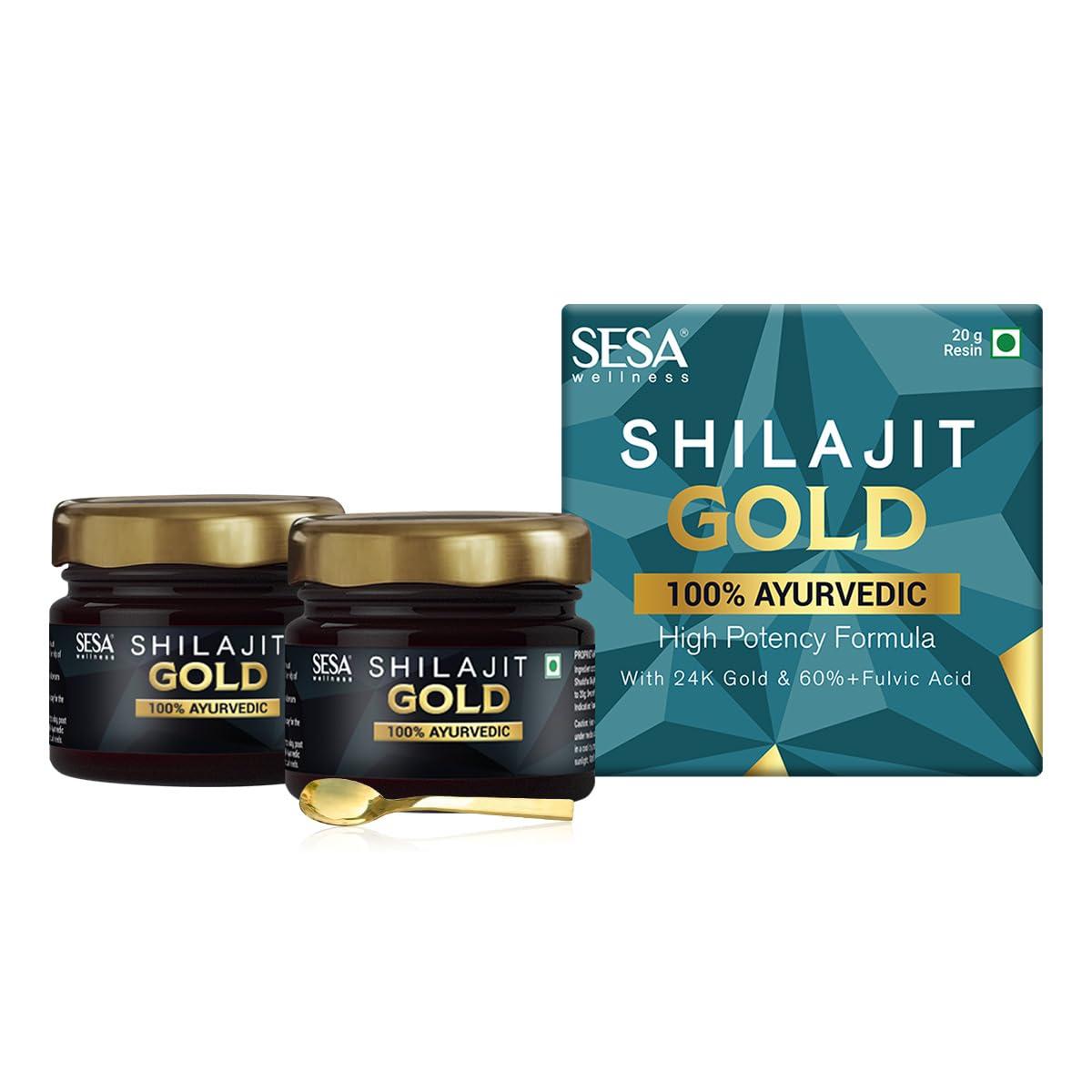 sesa SESA Shilajit Gold Resin 40g With 24k Gold 60%+ Fulvic Acid (Certificate Included) Helps Boost Stamina, Immunity & Muscle Recovery 100% Ayurvedic - 20 g (Pack of 2)