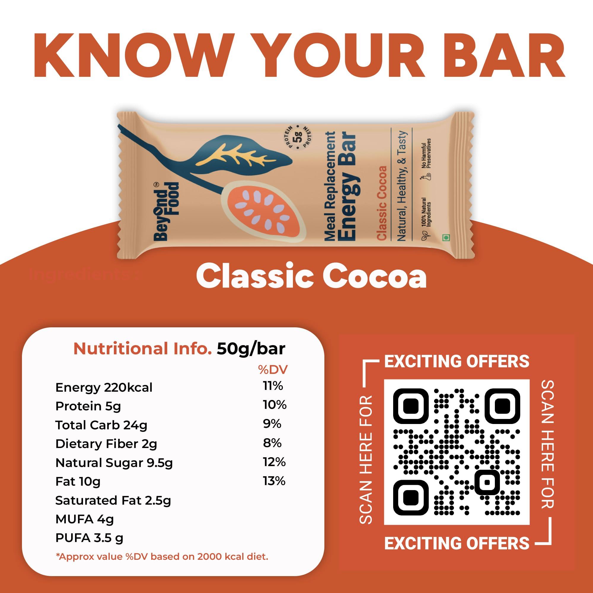 Beyond Food Beyond Food Meal Replacement Bars (Pack of 6, 220 Kcal Each) | 5g Rich Protein | No Added Sugar | Made with Dates, Nuts, Seeds & Dry Fruits | Healthy Snacks for Energy & Fitness | Classic Cocoa Box