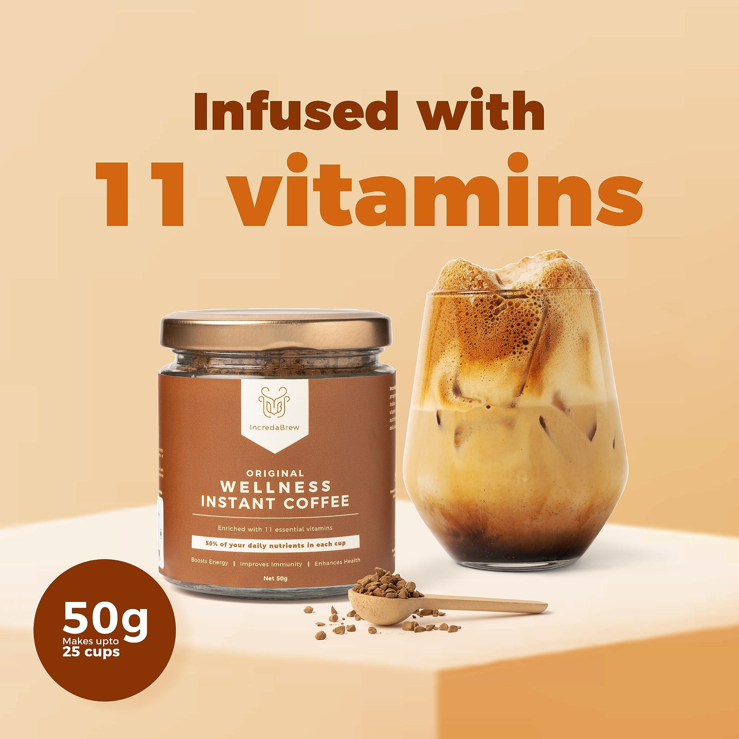 IncredaBrew IncredaBrew Wellness Instant Coffee Powder - 100g, Vitamin Rich Diet Coffee | Makes 50 Cups of Hot/Cold Coffee, Milk/Black Coffee | Gold Blend Freeze Dried Coffee Combo Pack of 2 x 50g