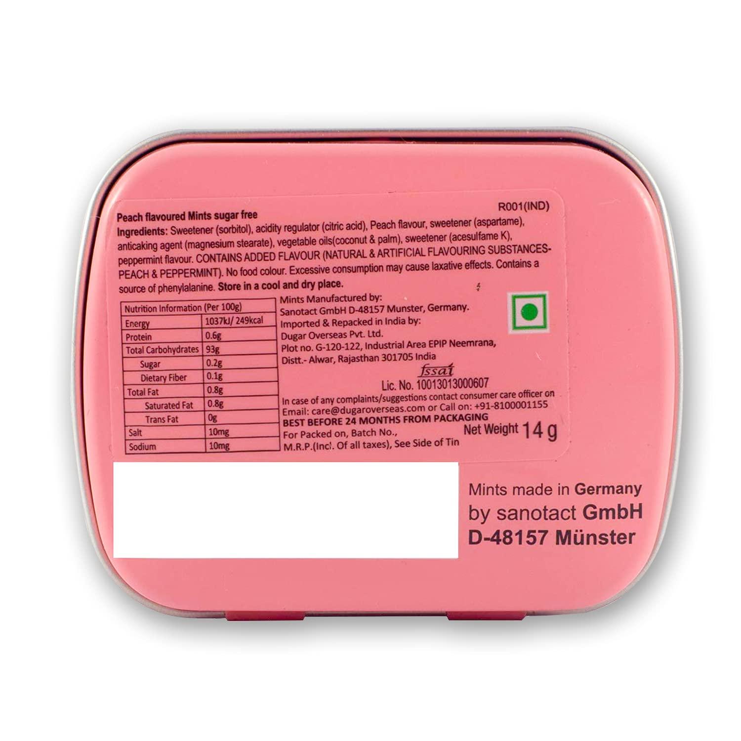 Impact Products Impact Mints Sugar-free Mints Peach Flavor (Pack of 3) 14g each, for everlasting & pleasant breath, product of Germany, pocket-friendly Mints in classic Tin packaging