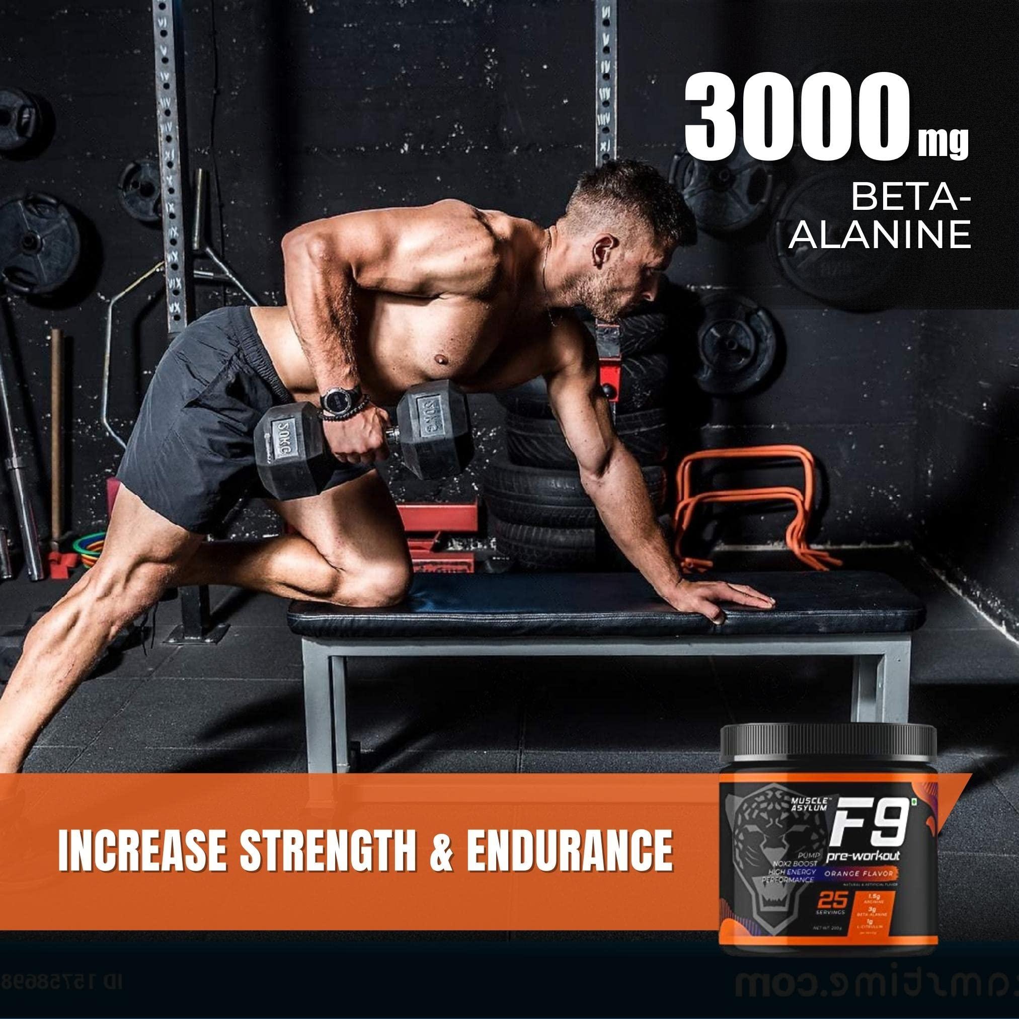 Muscle Asylum Muscle Asylum F9 Pre-Workout - 25 Servings, 200gm (Orange Flavor) | Boosts Energy & Endurance | Improves Focus