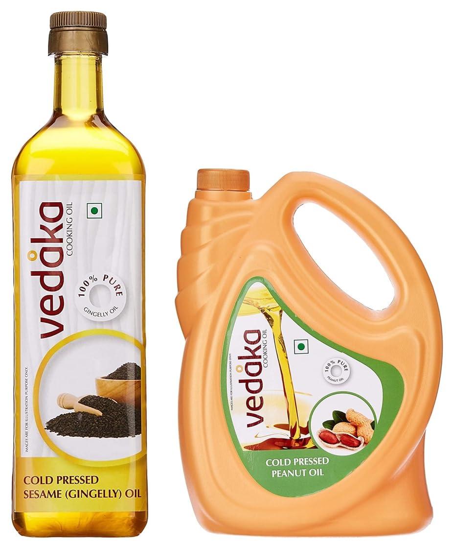 Vedaka Amazon Brand - Vedaka Cold Pressed Groundnut (Peanut) Oil, 5L- (Ghani) & Amazon Brand - Vedaka Sesame (Gingelly) Oil Bottle, 1 L (Cheku/Ghani)