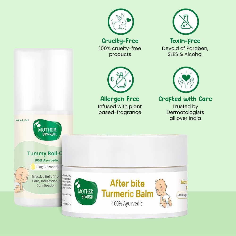 Mother Sparsh Mother Sparsh Tummy Roll On for Baby, Colic Relief and Digestion, 100% Ayurvedic, Hing & Saunf, 40ml + After Bite Turmeric Balm for Rashes and Mosquito Bites, 100% Ayurvedic-25grm