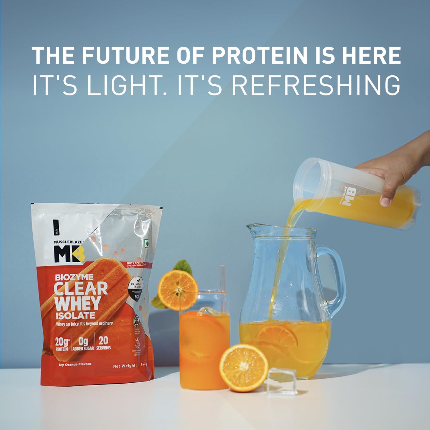 MuscleBlaze MuscleBlaze Biozyme Clear Whey Protein Isolate | 20g Protein, 92 Calories, Zero Added Sugar (Icy Orange Flavour, 20 Servings)