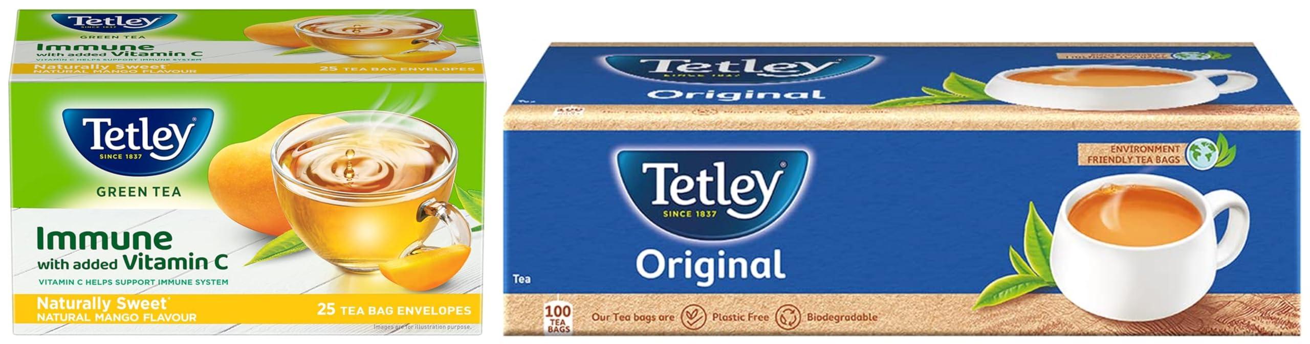 Tetley Tetley | Original | Rich Taste of Assam Tea |100 Tea Bags | 1.7g Each & Tetley | Naturally Sweet Green Tea with Mango Flavour | Immune with Added Vitamin C | Green Tea | 25 Tea Bags
