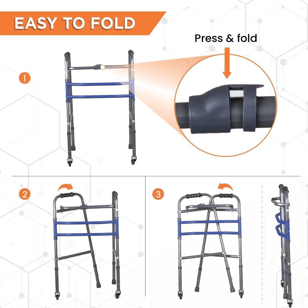 Vissco Vissco Dura Max Walker for Elderly and those Physically Challenged, Foldable, Light Weight & Height Adjustable Walking Aid - Made with Premium Grade Rubber Shoes and PVC Grip - Universal (Black)