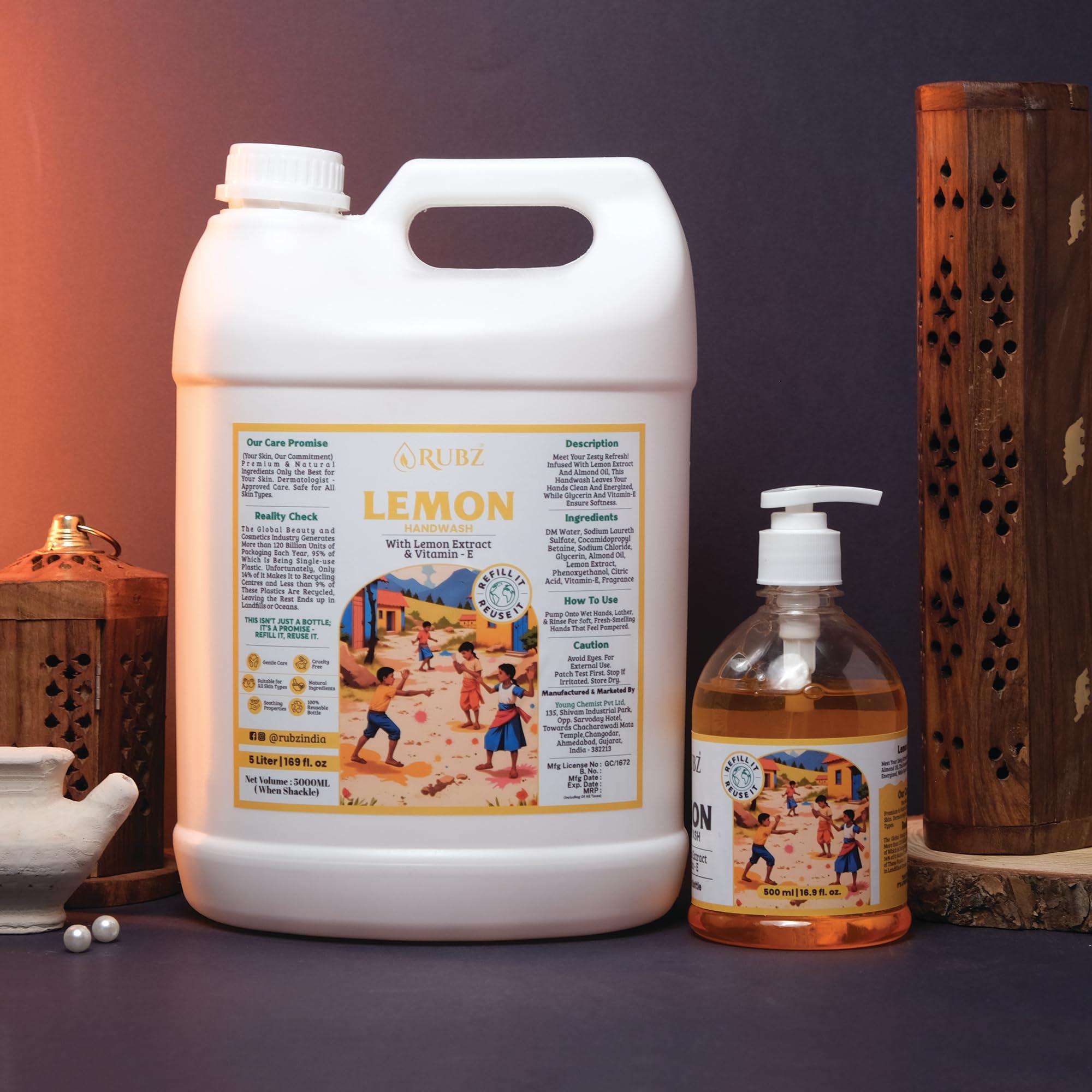 Rubz Rubz Lemon Handwash Refill Pack 5 Litre with 500ml bottle | Paraben Free Liquid Gel | Complete Protection for Soft Hands | Best for Hotel, Spa, Salon, Family, Gym | Total 5.5 Litre