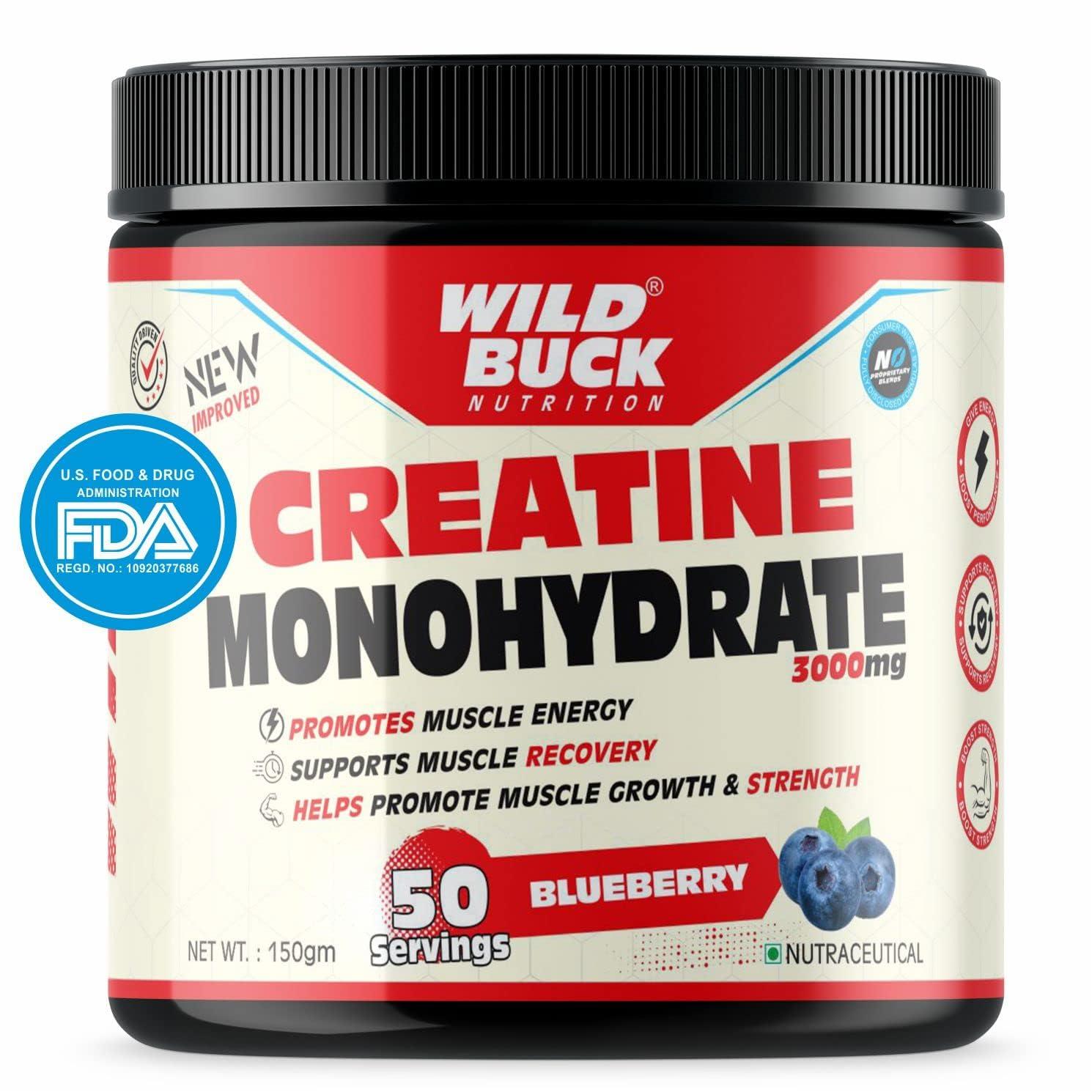 WILD BUCK WILD BUCK Creatine Monohydrate, 100% Pure Creatine Energy Support Supplement [50 Servings, Blueberry] + Bcaa Powder With Natural & Powerful Herbs For Women & Men [Orange Mango, 30 Servings, 300G]