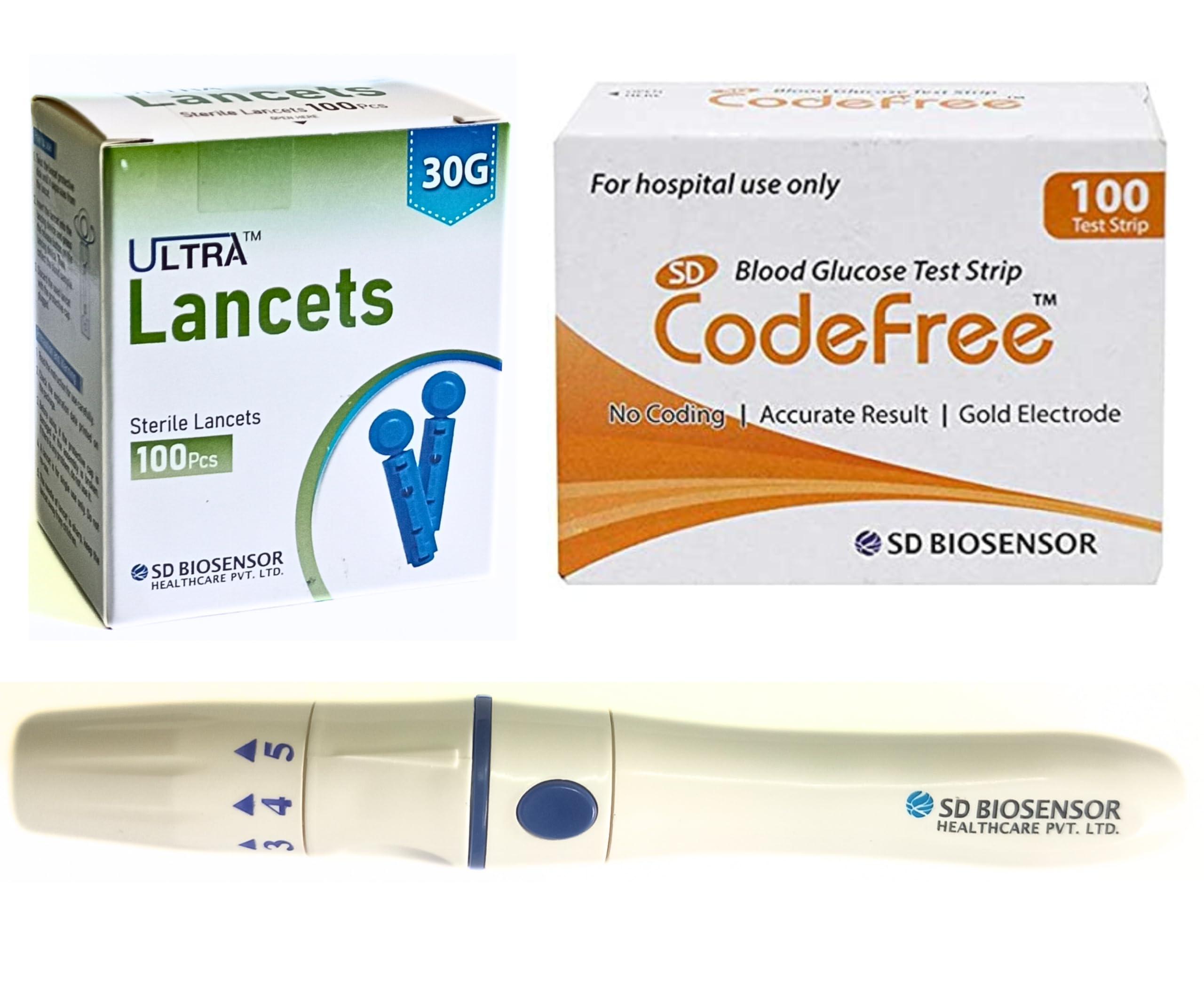 SD Codefree SD Codefree Blood Glucose Meter with 100 test Strips 100 Round Lancet and a Lancing Device - Glucometer (Black)