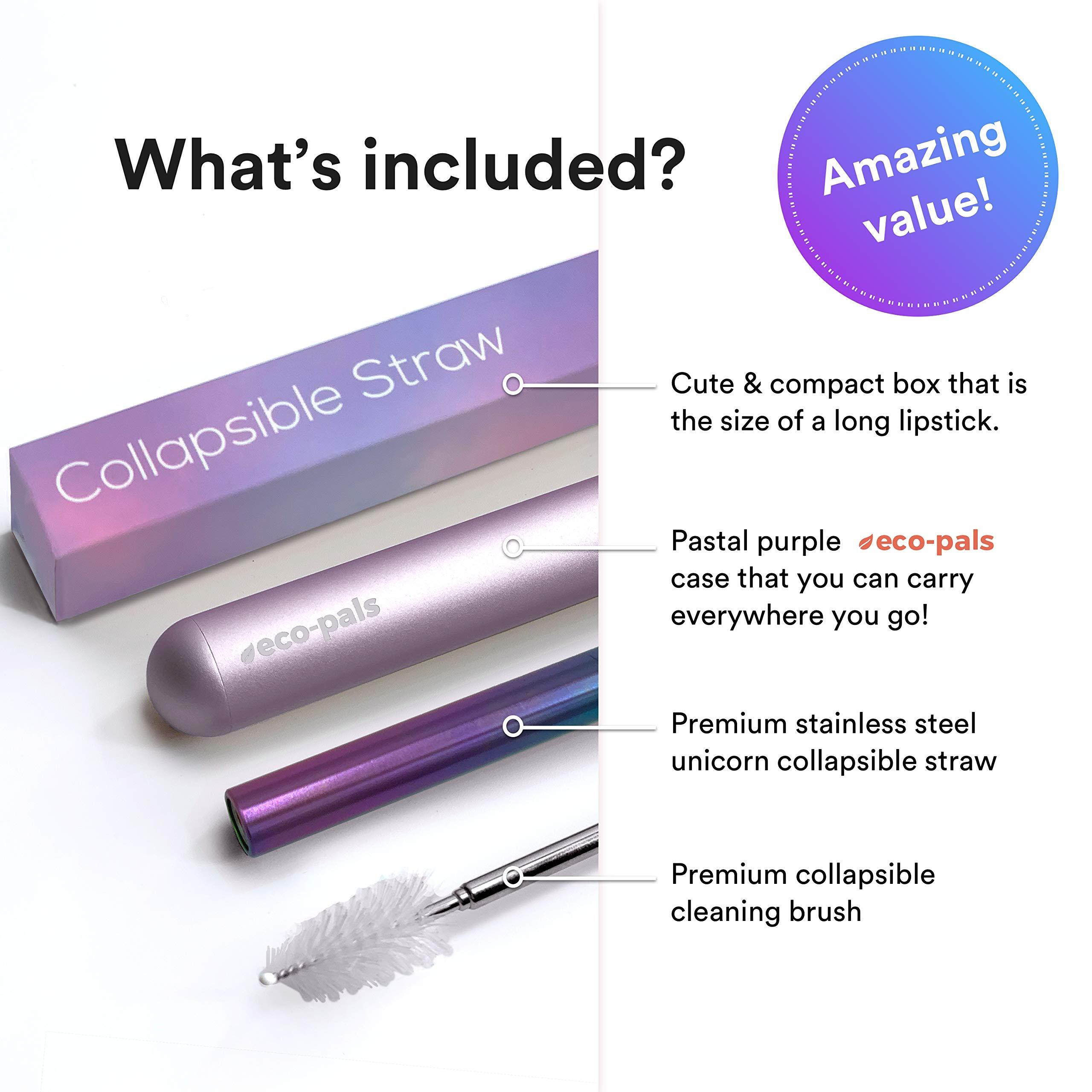 Eco-Pals Eco-Pals | Rainbow Collapsible Straw, Reusable Straws with Case Stainless Steel Metal Straws Folding Straw Drinking +1 Cleaning Brush (Unicorn)