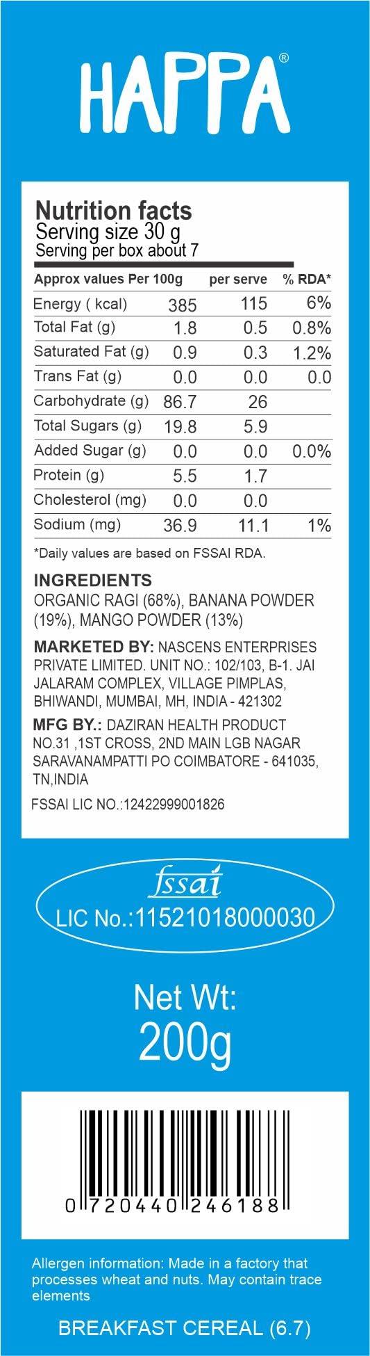 HAPPA Happa Organic Baby Food Sprouted Ragi, Mango and Banana Cereal Mix Porridge | Calcium Booster - Bone Strength | 100% Natural, Organic Khichdi | No Added Salt, Sugar or Milk | No preservatives | 200gm