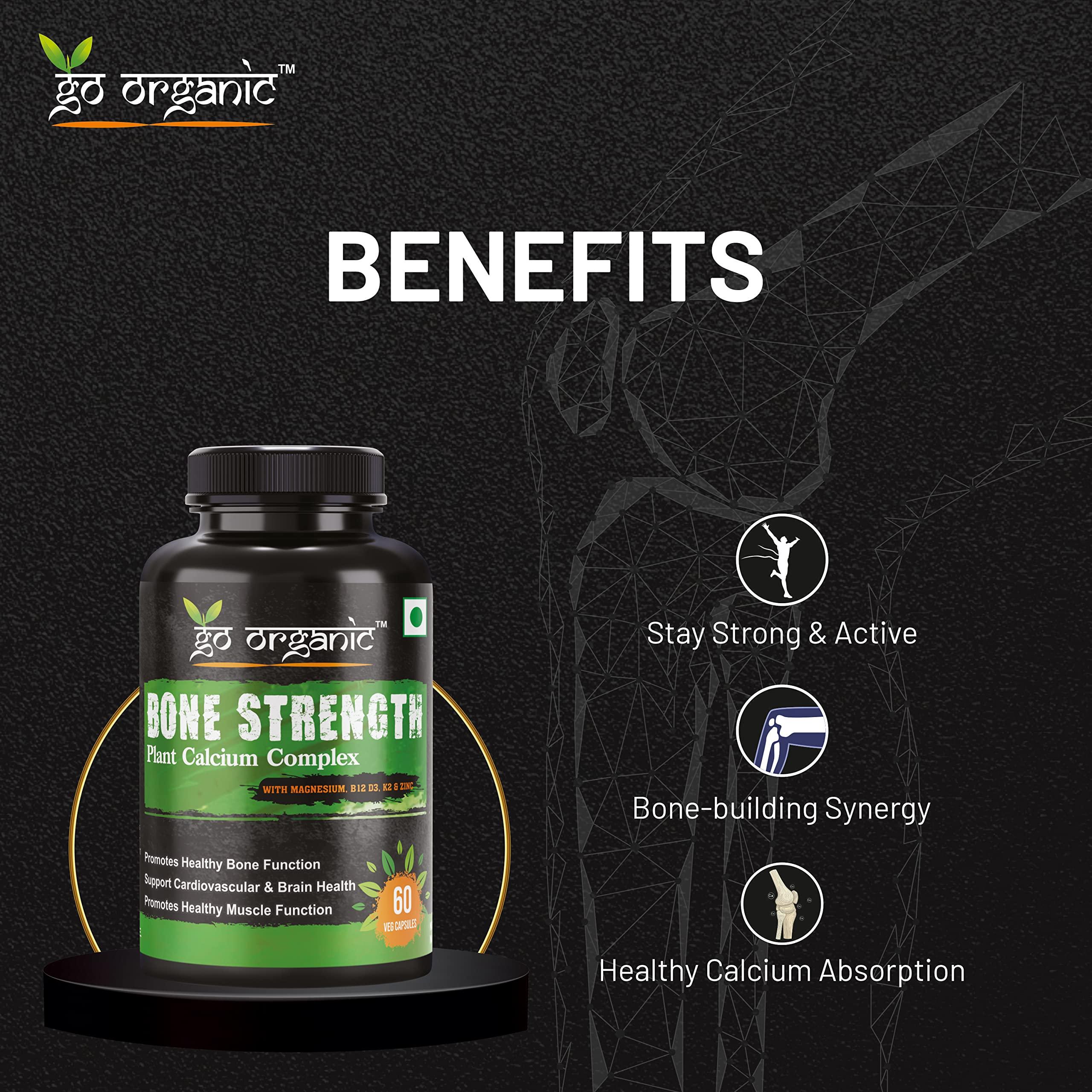 Go Organic Go Organic Bone Strength - Plant-Based Calcium, Magnesium, Zinc, Vitamin D3, VIT B12, K2 - GMO, Soy, Gluten Free Ingredients - Whole Food Supplement for Bone Health - 60 Vegan Friendly Capsules