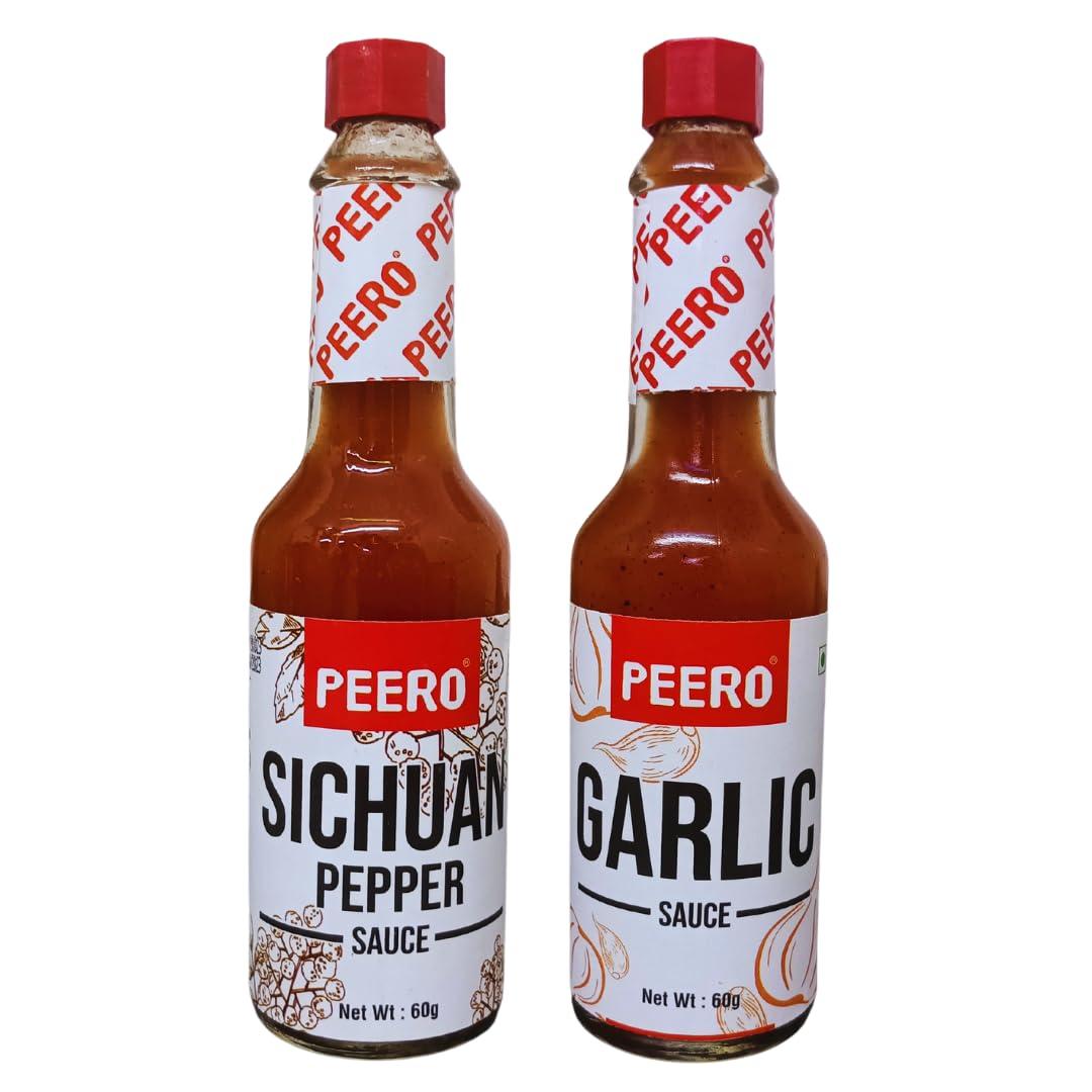 Peero PEERO Ultra Hot Sauce Combo, Sichuan Pepper + Garlic, Made With 100% Organic Dalle Khursani Chilli Pepper from Sikkim, Pack of 2 x 60 gm Bottle Each (120g)