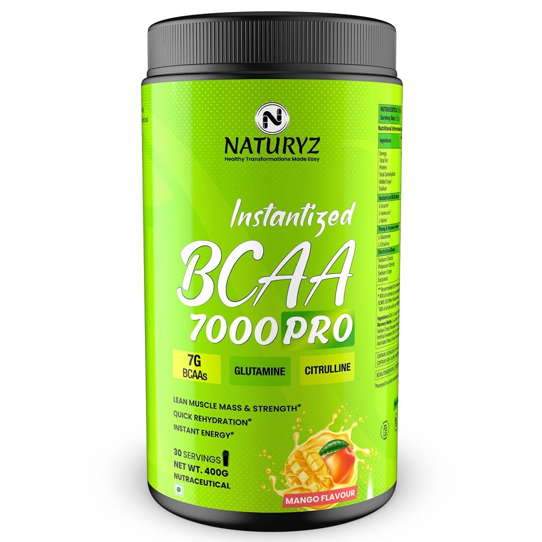Naturyz NATURYZ Instantized BCAA 7000 PRO |7G Vegan BCAAs | Glutamine | Citrulline | Electrolytes | 0 Added Sugar | Powerful Pre/Post & Intra Workout Amino for Lean Muscle Growth, Strength, Quick Re-Hydration & Instant Energy - 400g(Mango)