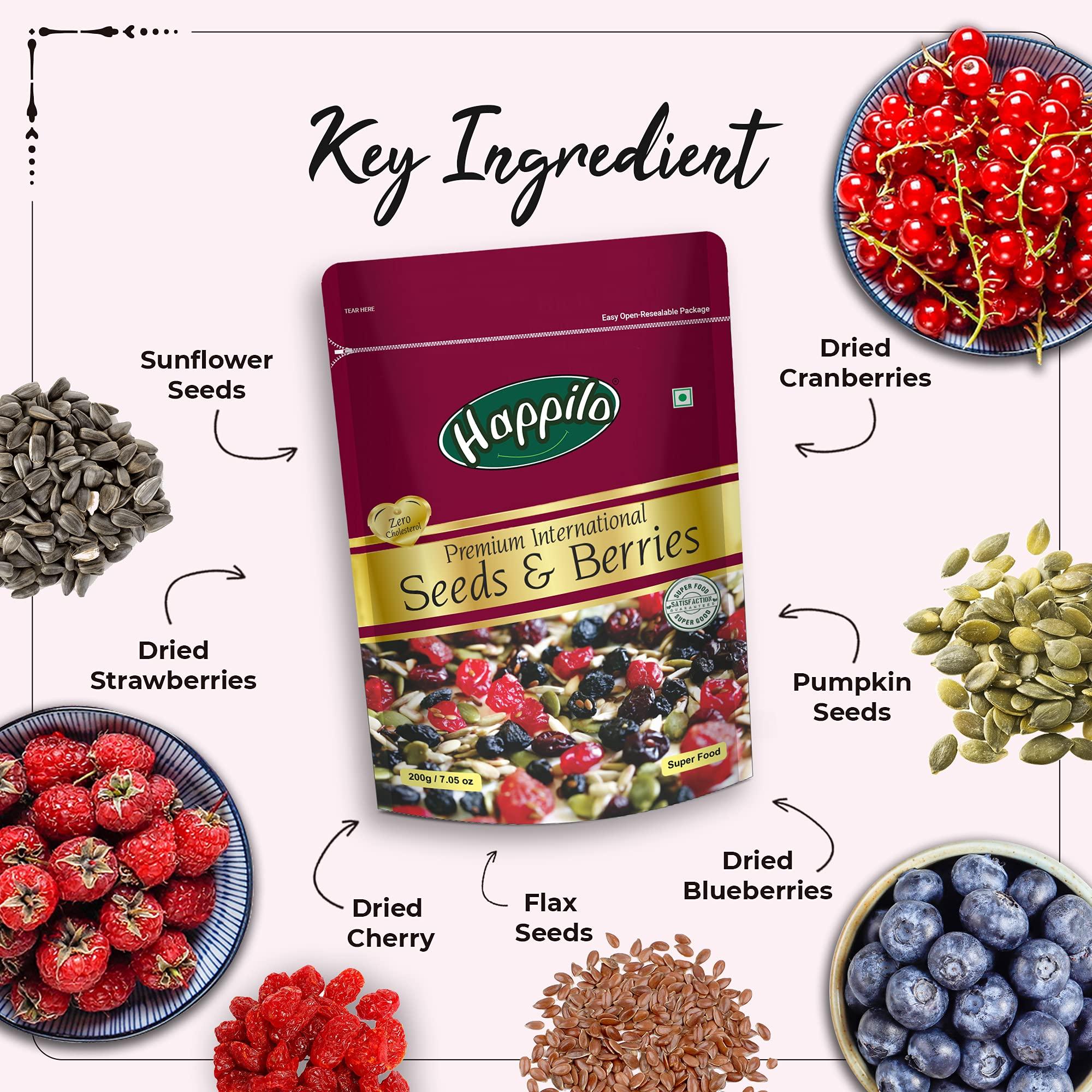 Happilo HappiloPremium International Dried Nuts and Berries, 200g & Premium International Whole Seeds & Berries Pouch, 200 g