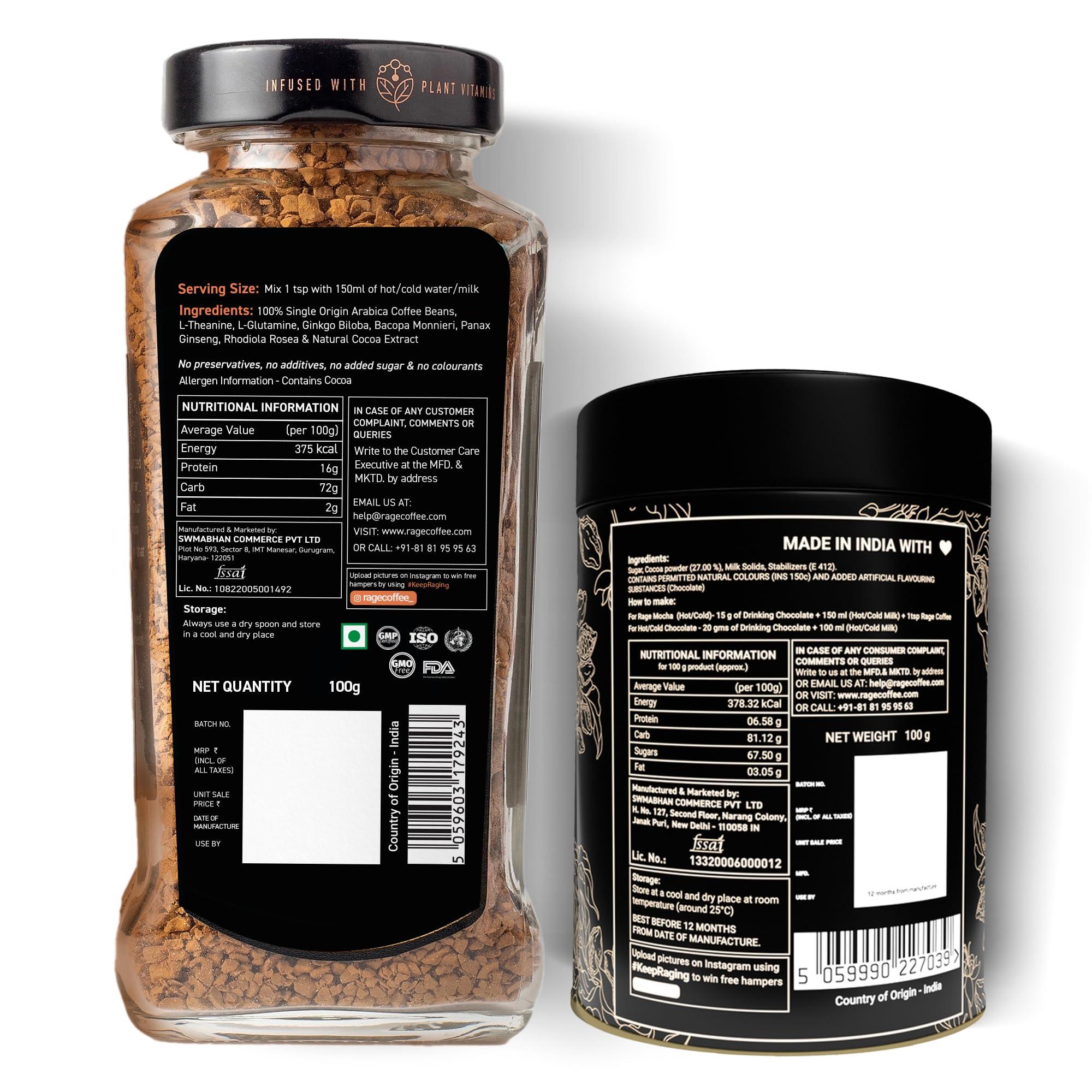 RAGE COFFEE Rage Coffee Combo - Flavoured Instant Coffee With Drinking Chocolate Powder Mix | Dark Chocolate Flavoured Coffee | 100 gms Each | Enjoy Hot Chocolate, Hot or Cold Coffee | Made In India