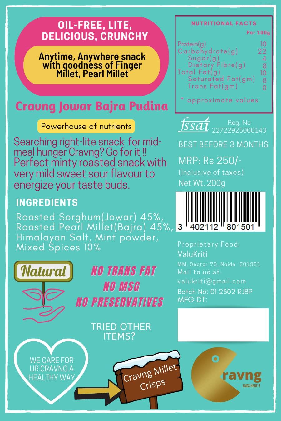 Cravng Cravng Jowar Bajra Pudina Mix | Roasted Diet Millet Namkeen | Family Pack 1 kg | Gluten-Free| Healthy Snack (Mint, Pack of 5)