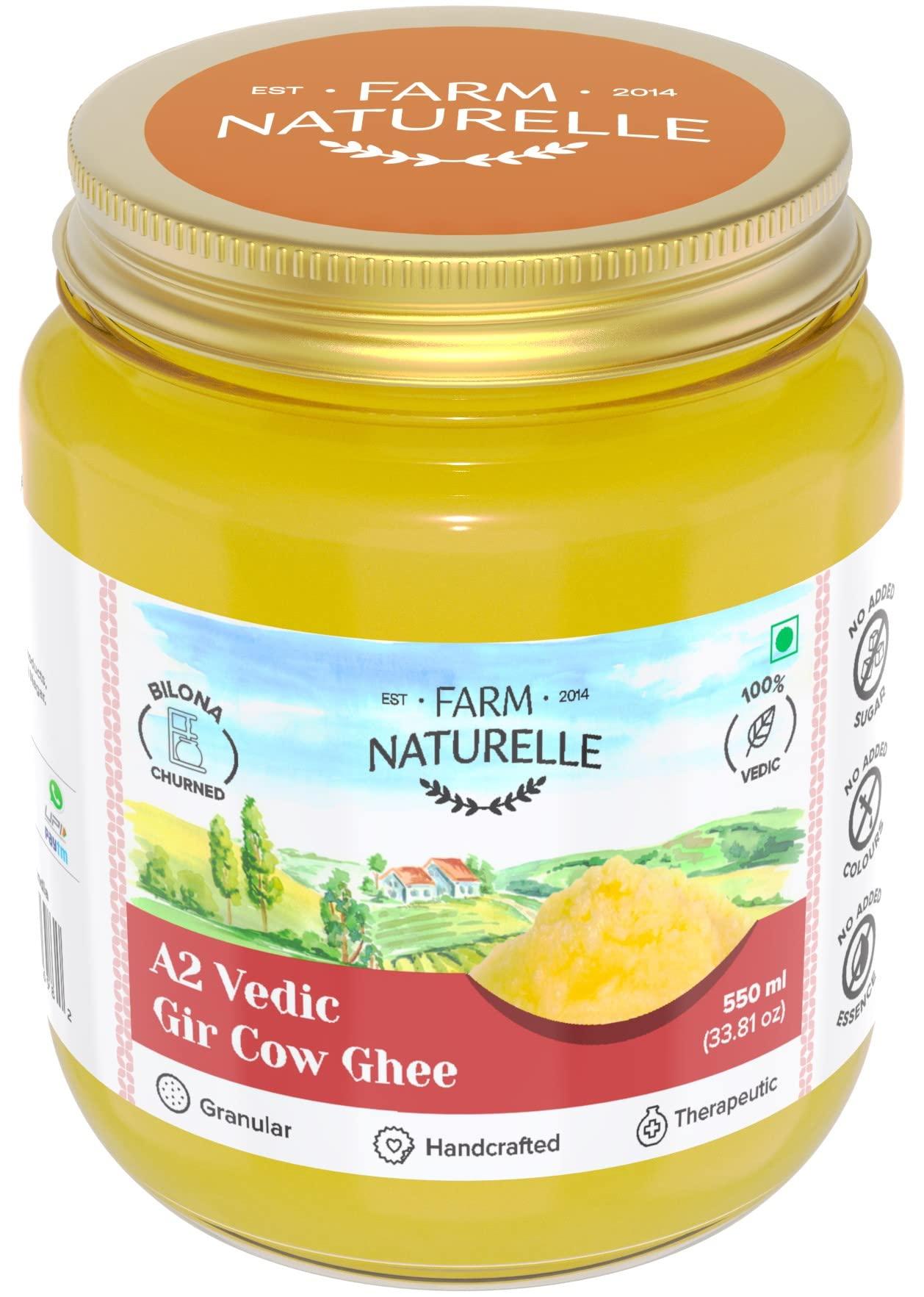 Farm Naturelle Farm Naturelle A2 Pure Gir Cow Ghee 500ml + 50ml Extra In Glass Bottle | Extra Wooden Spoon | 100% Desi Gir Cow Ghee | Vedic Bilona Method-Curd Churned-Golden | Lab Tested Grainy & Aromatic, Keto Friendly | Non-GMO Grassfed, Premium & Traditional Ghe