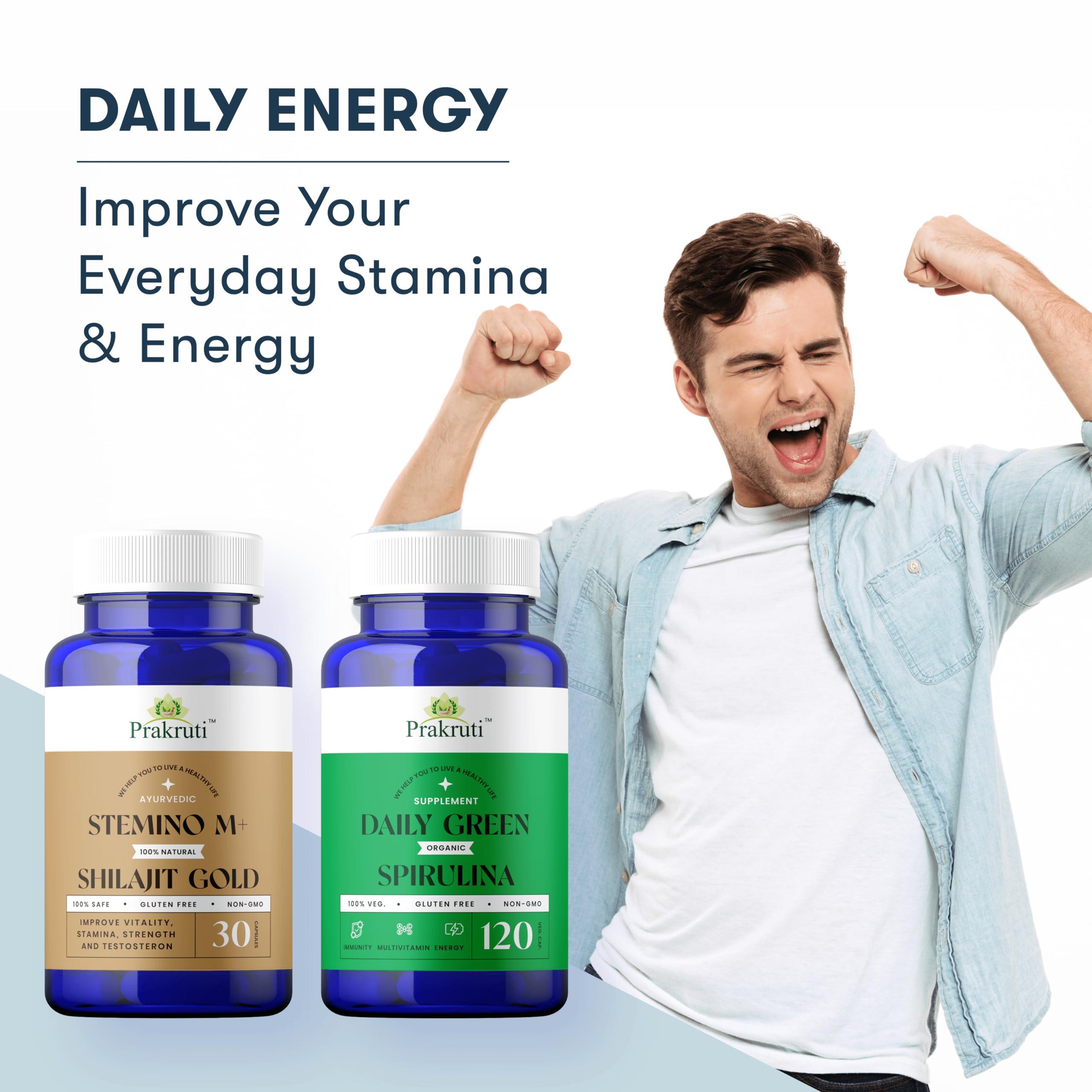 Prakruti Pure Herbs Prakuri Daily Greens Spiruina and Stemino M+ Shilajit Gold Combos | 100% Natural help to Immunity & Enegry Booster | Stamina & General Wellness
